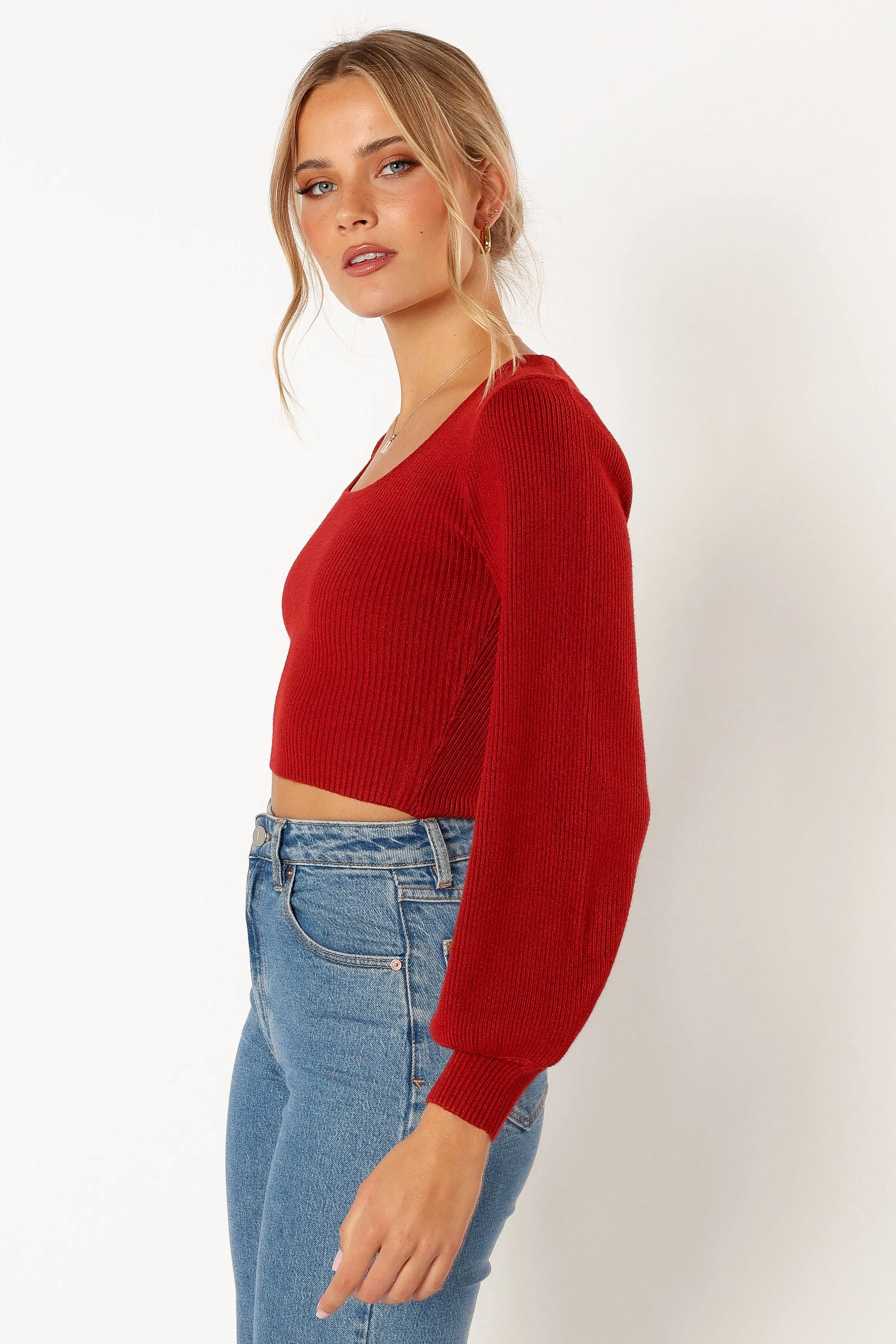 Daphne Crewneck Bubble Sleeve Knit Sweater - Burgundy sold by Petal & Pup product image thumbnail 2