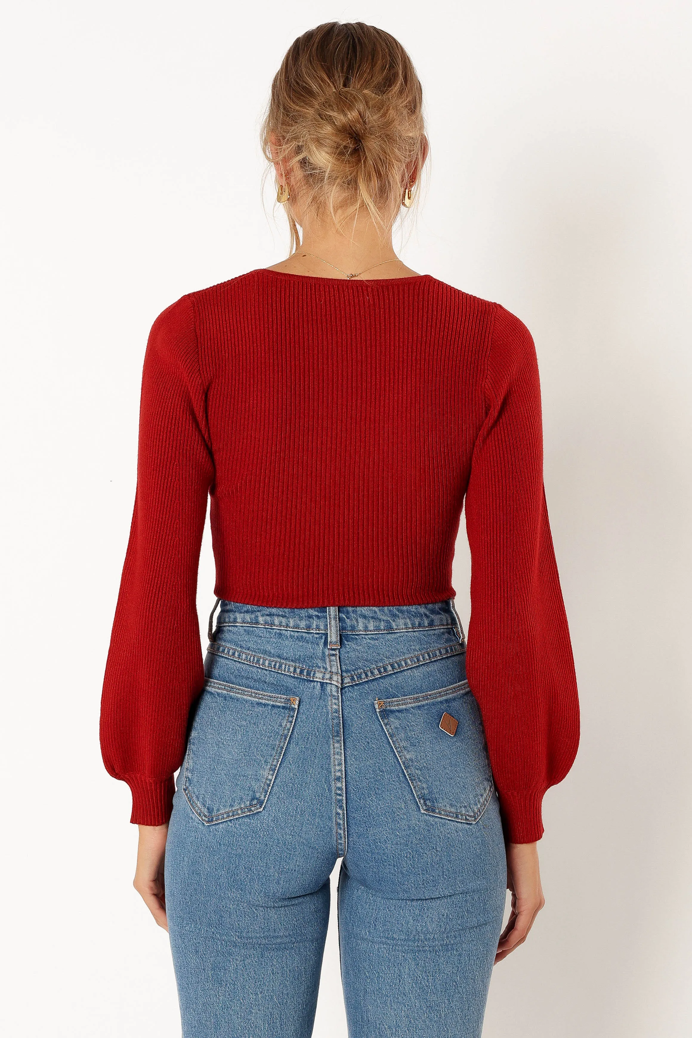 Daphne Crewneck Bubble Sleeve Knit Sweater - Burgundy sold by Petal & Pup product image thumbnail 4