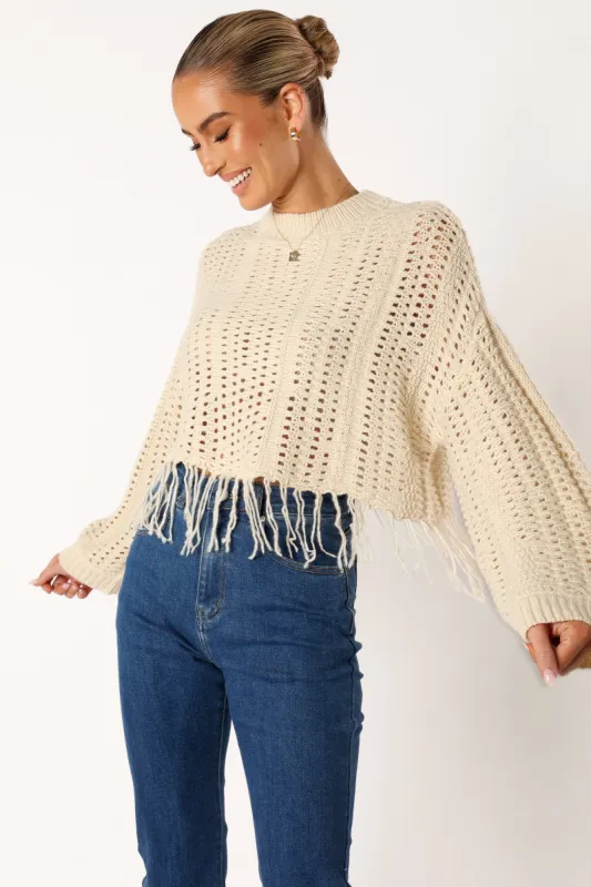 Katalina Fringe Crop Knit Sweater - Cream sold by Petal & Pup