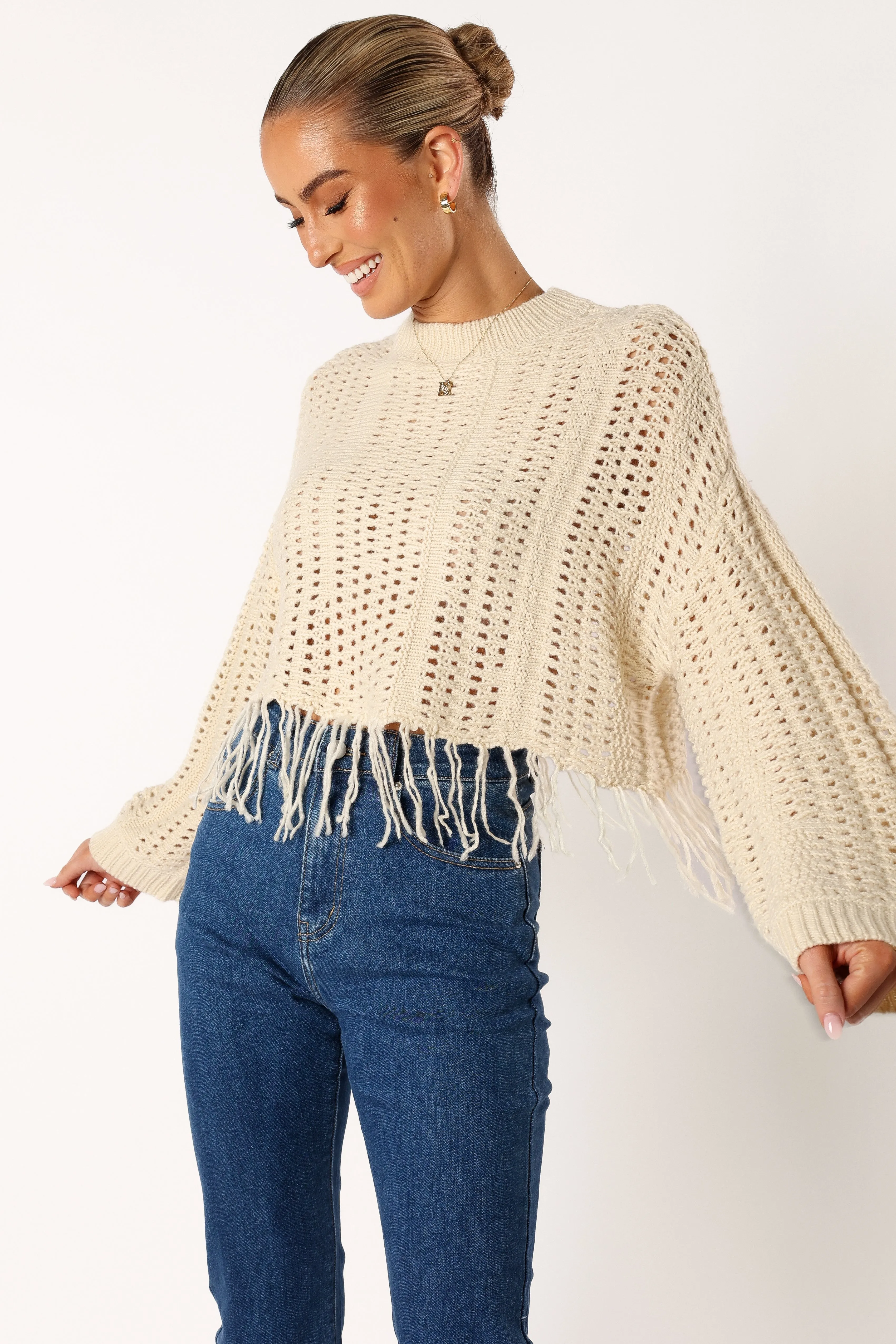 Katalina Fringe Crop Knit Sweater - Cream sold by Petal & Pup