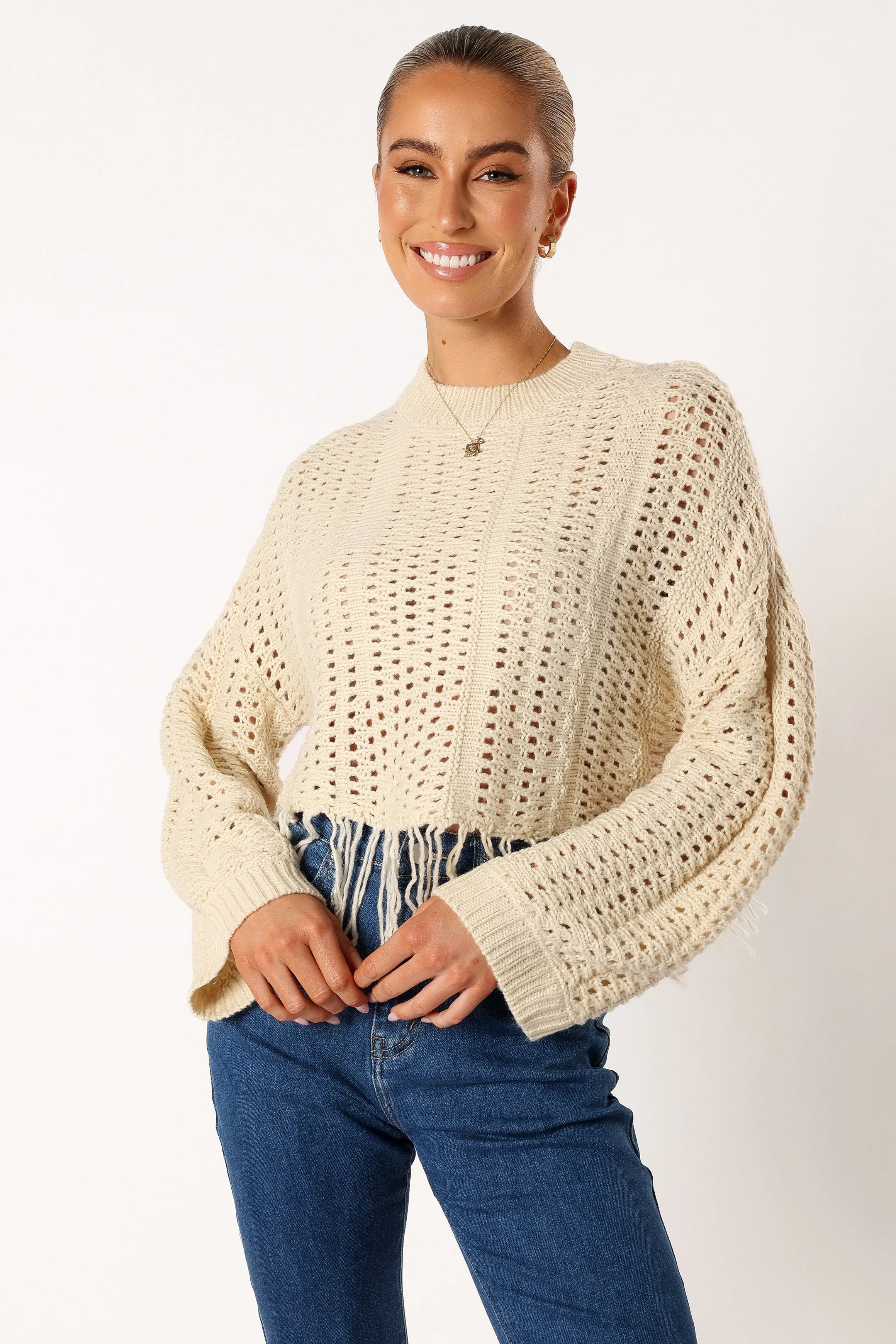 Katalina Fringe Crop Knit Sweater - Cream sold by Petal & Pup product image thumbnail 2