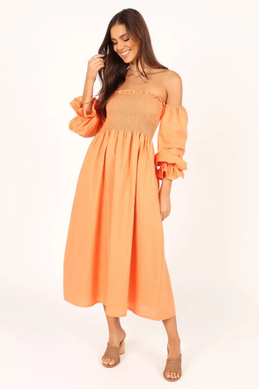 Domenica Off Shoulder Midi Dress - Orange sold by Petal & Pup