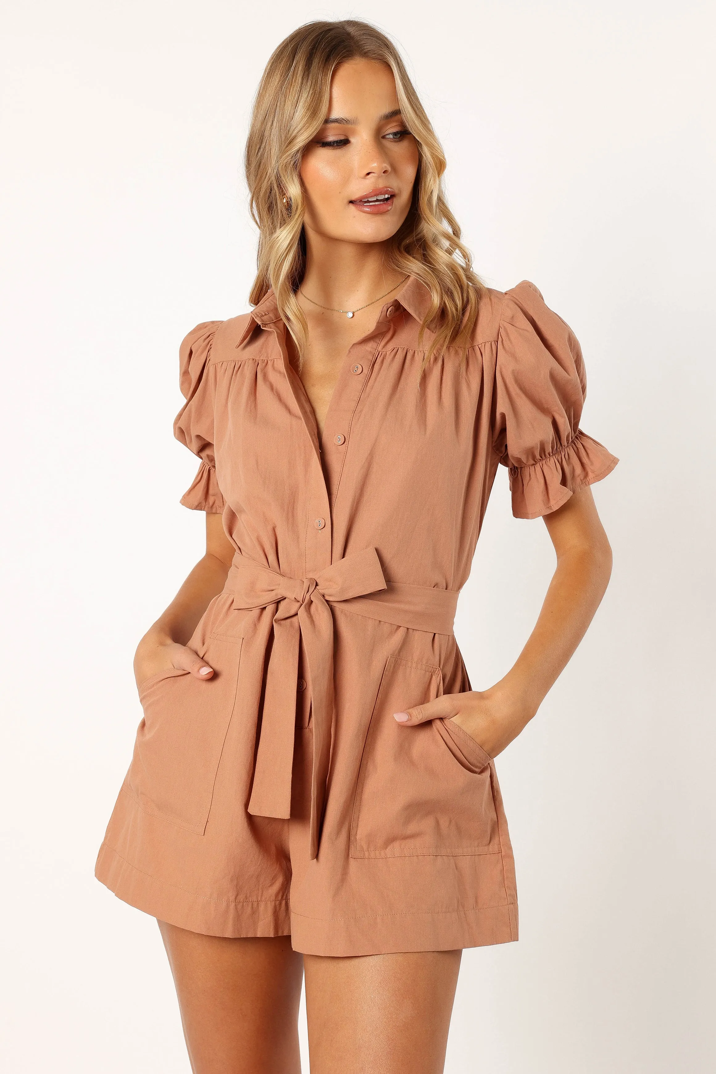 Riley Waist Tie Romper - Mocha sold by Petal & Pup product image thumbnail 2