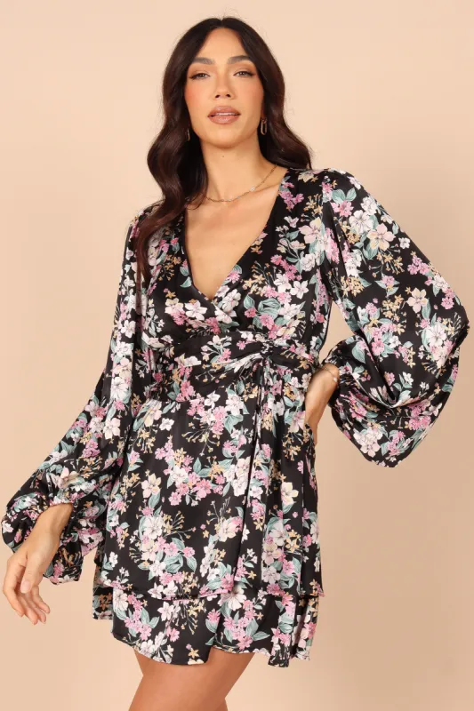 Reine Puff Sleeve Mini Dress - Black Floral sold by Petal & Pup