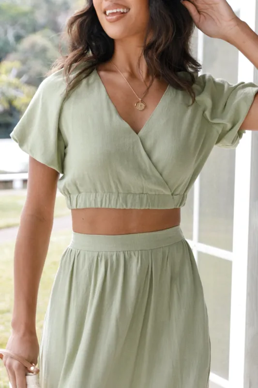 Cecily V Neck Cropped Top - Sage sold by Petal & Pup