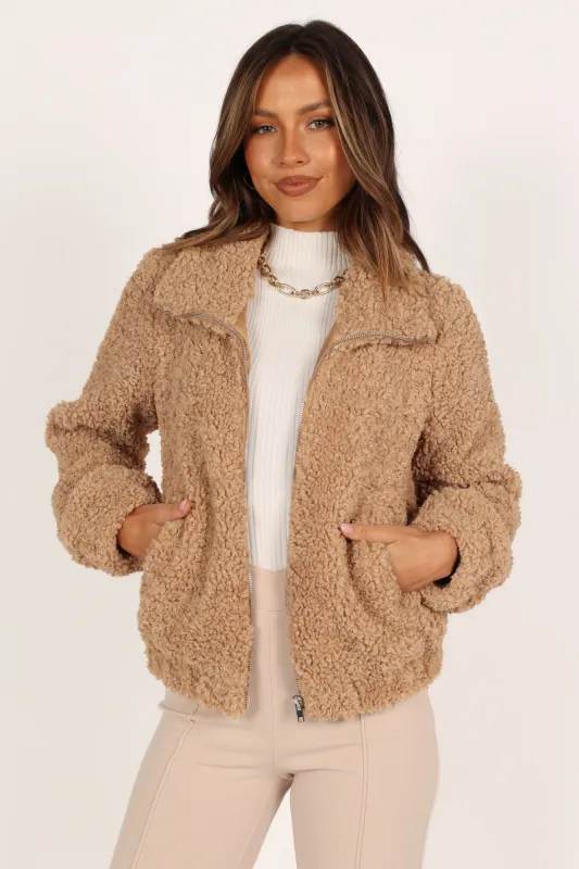 Lucia Zip Front Teddy Jacket - Camel sold by Petal & Pup