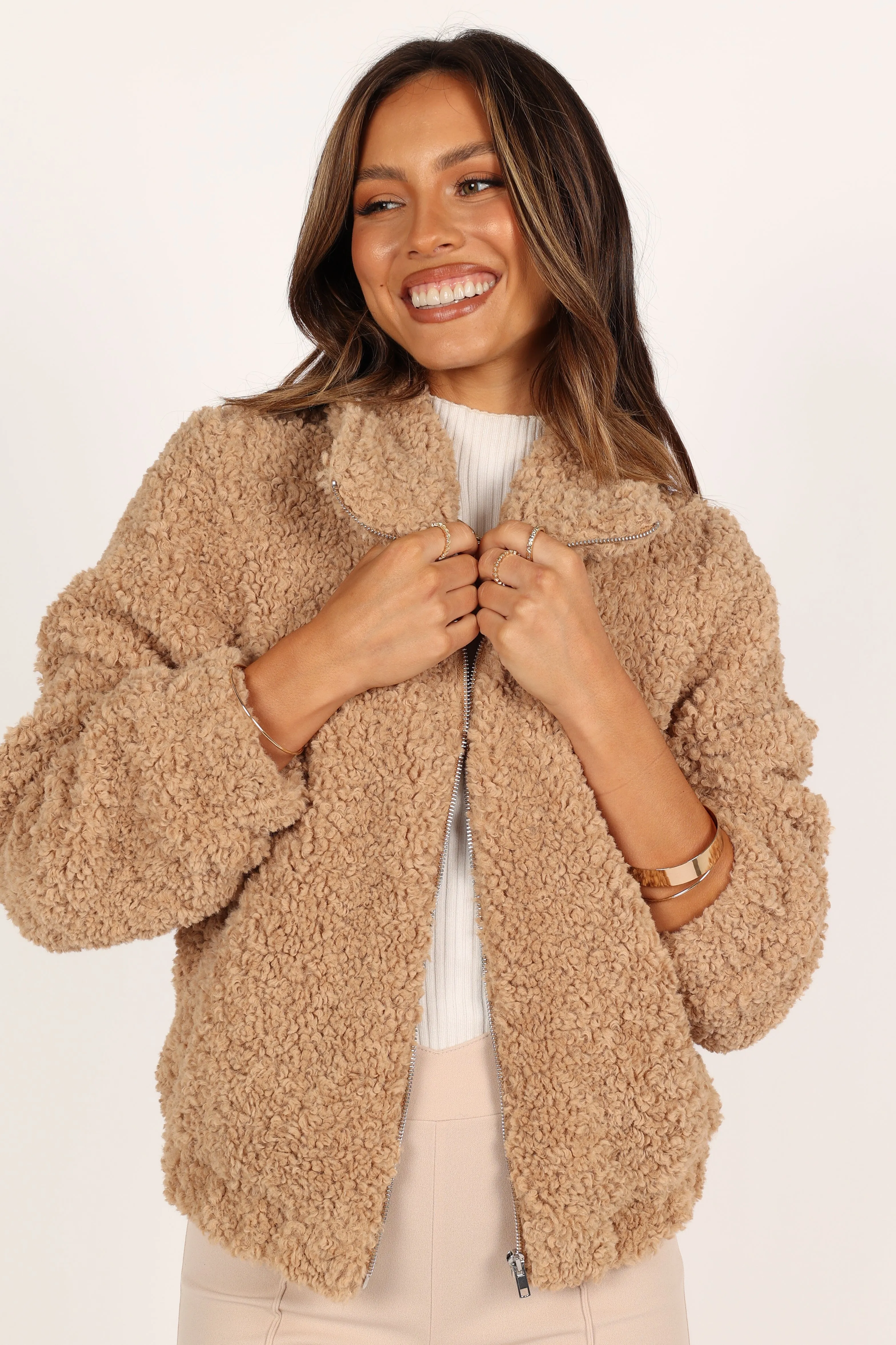 Lucia Zip Front Teddy Jacket - Camel sold by Petal & Pup product image thumbnail 2