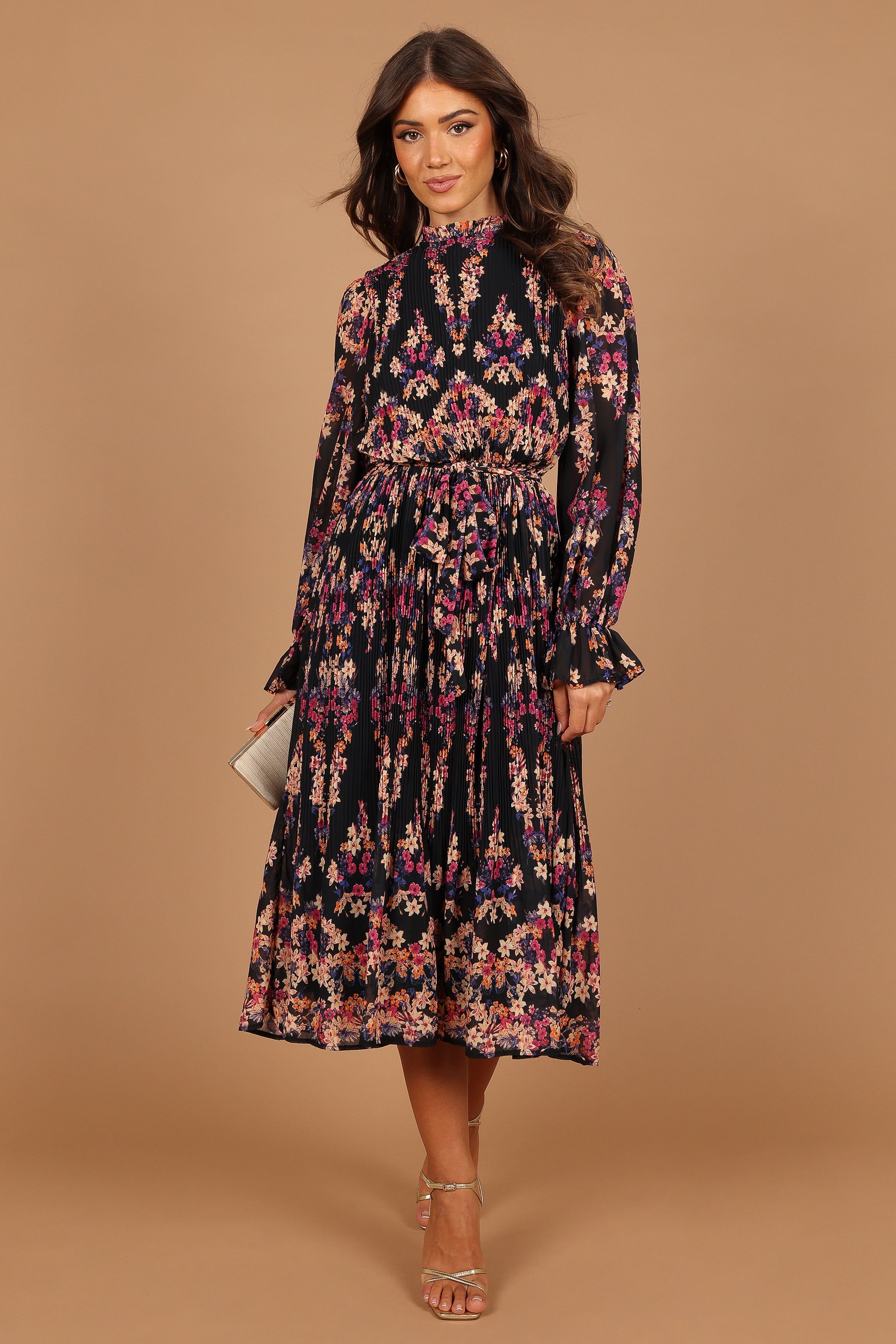 Monet Long Sleeve Pleated Midi Dress - Black sold by Petal & Pup