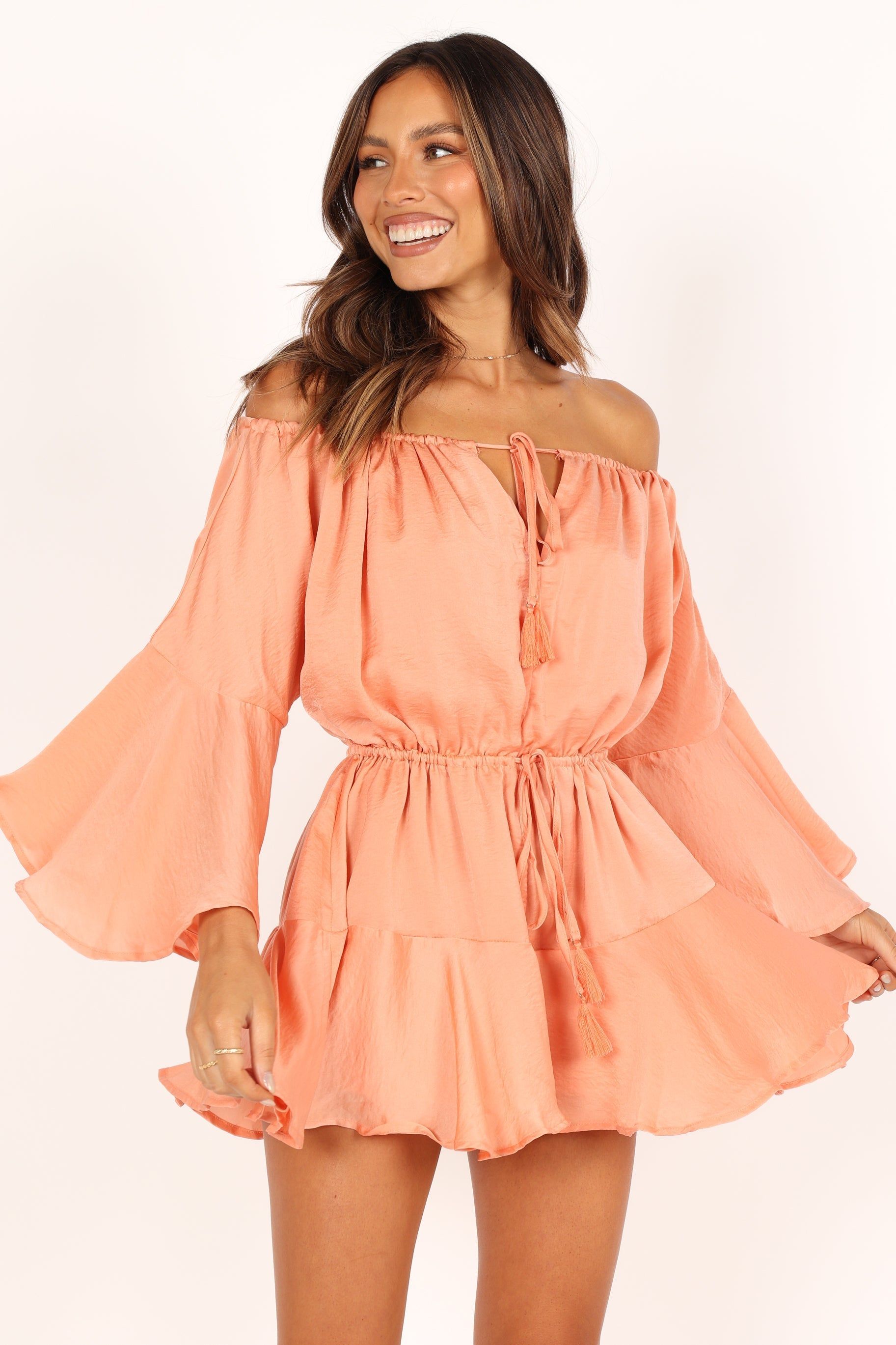Roam Off Shoulder Romper - Orange sold by Petal & Pup