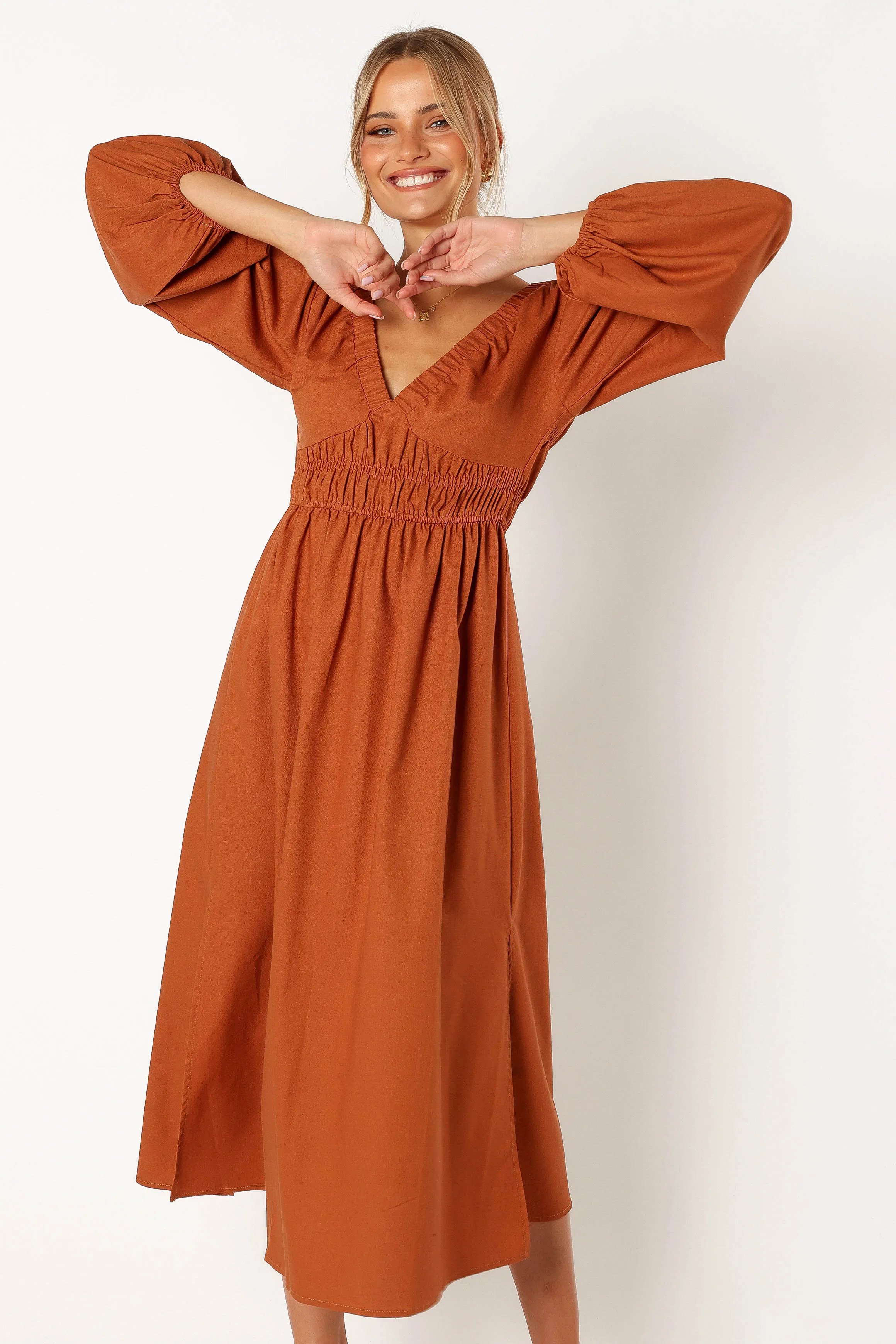 Zaylee Long Sleeve Midi Dress - Rust sold by Petal & Pup
