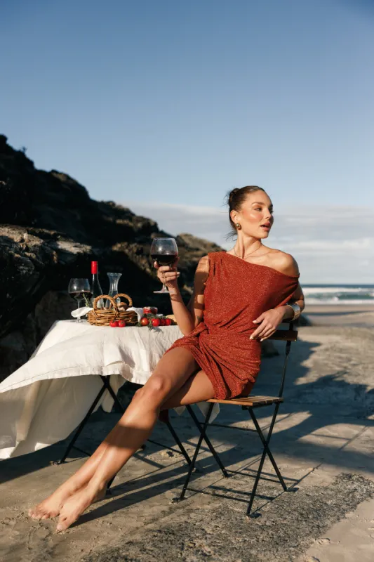 Santiago Off Shoulder Mini Dress - Bronze sold by Petal & Pup