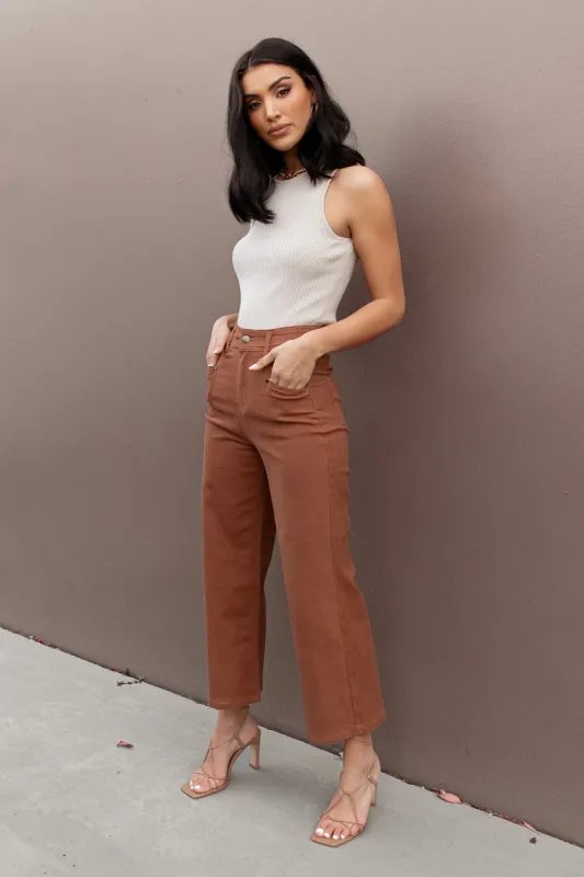 Georgette High Waisted Straight Leg Pants - Brown sold by Petal & Pup