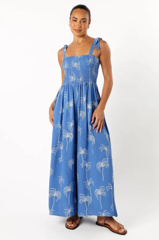 Ginelle Jumpsuit - Blue Palm Print sold by Petal & Pup