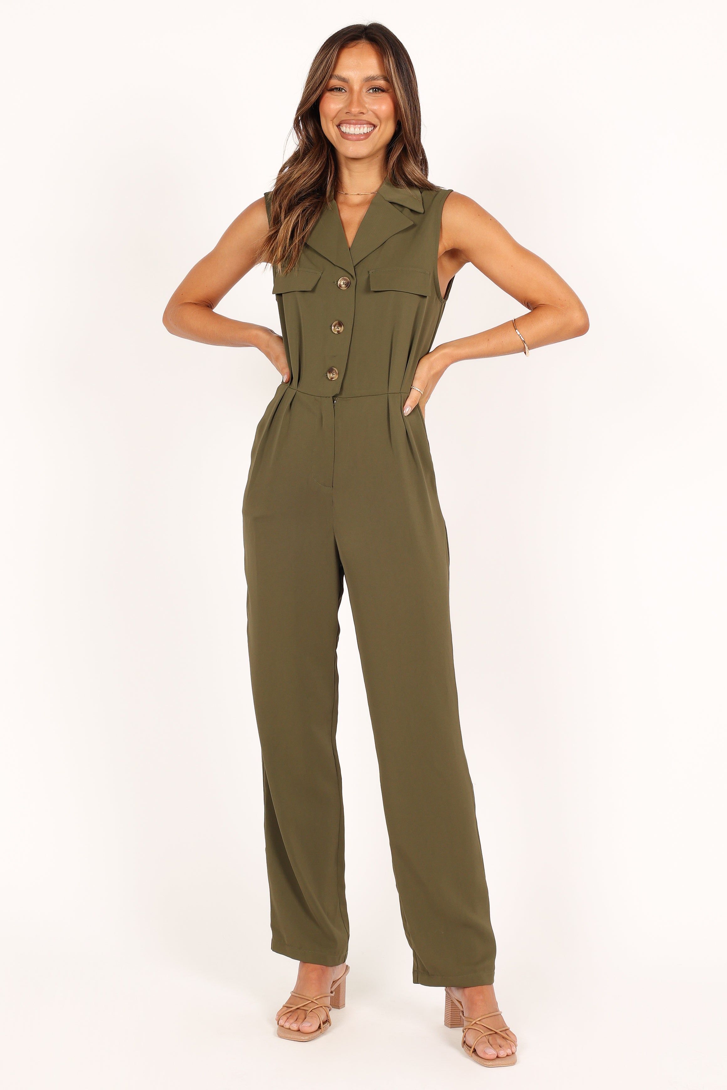 Kayne Sleeveless Jumpsuit - Olive sold by Petal & Pup