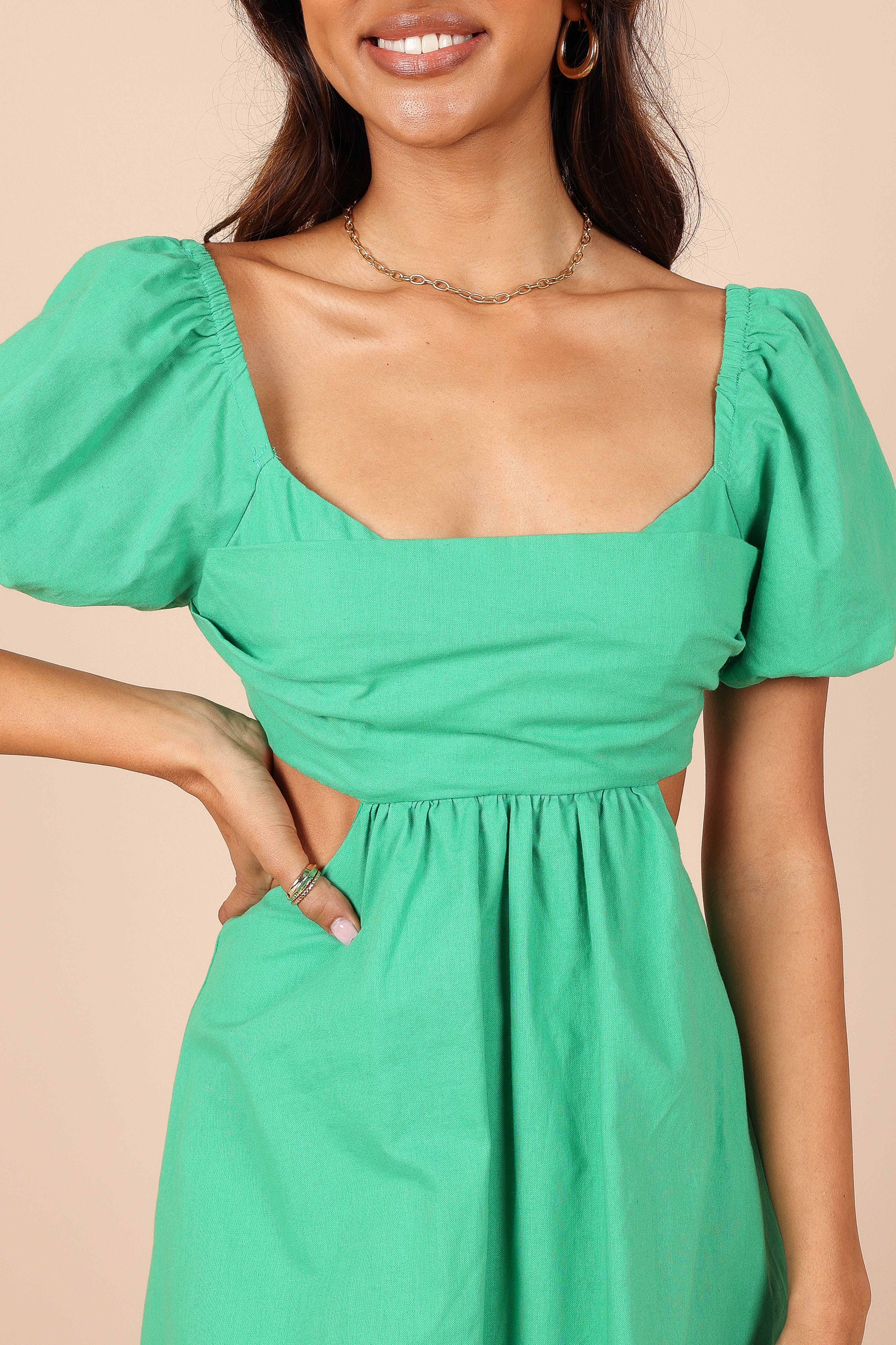 Jeanelle Bust Pleat Cutout Mini Dress - Green sold by Petal & Pup product image thumbnail 2