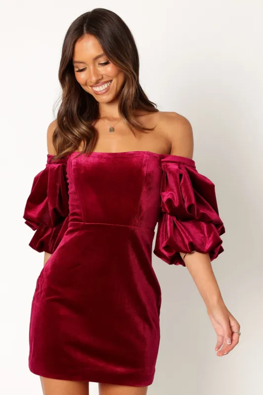 Dali Off Shoulder Velvet Mini Dress - Ruby sold by Petal & Pup