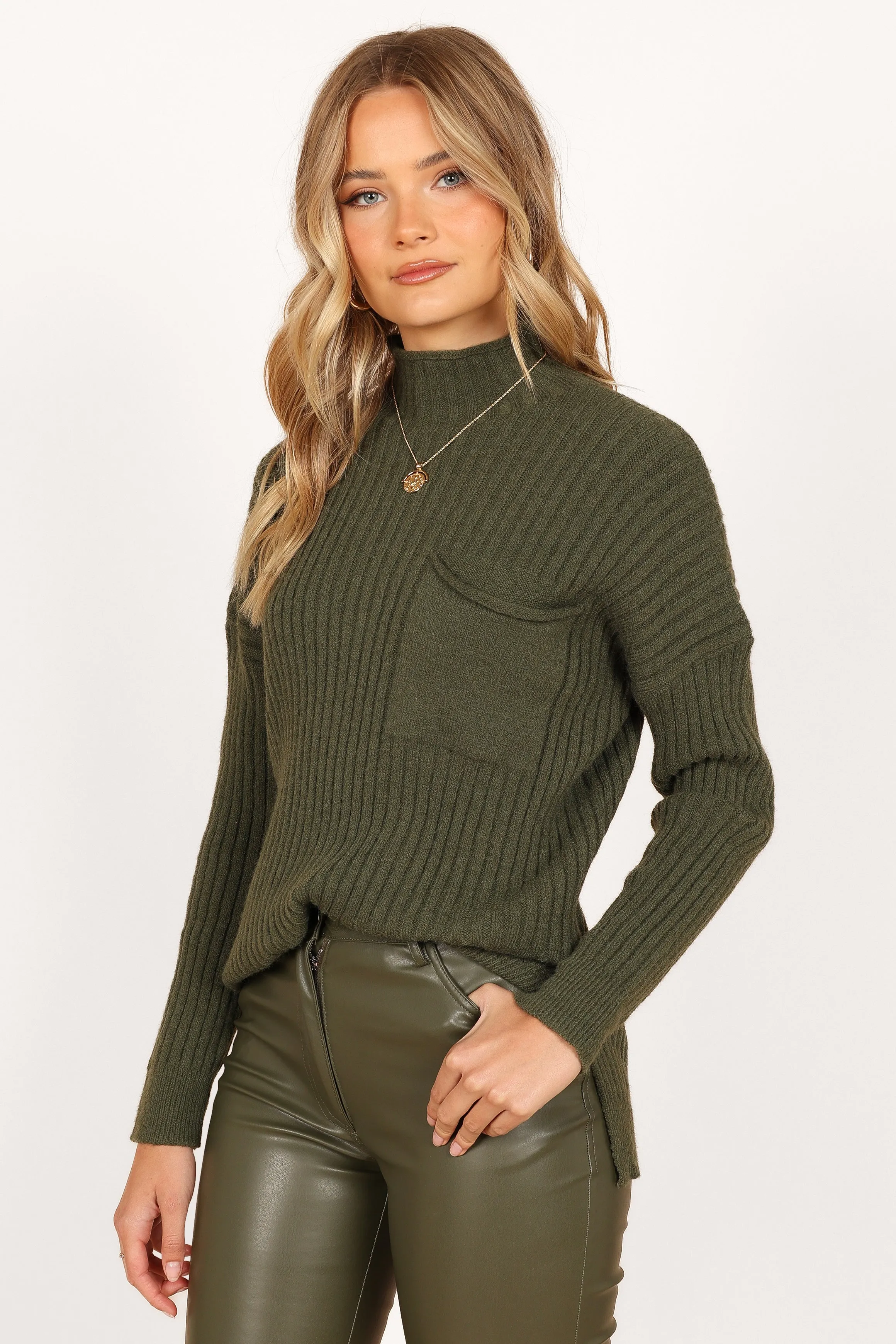 Alyssa Crewneck Oversized Pocket Knit Sweater - Olive sold by Petal & Pup product image thumbnail 2