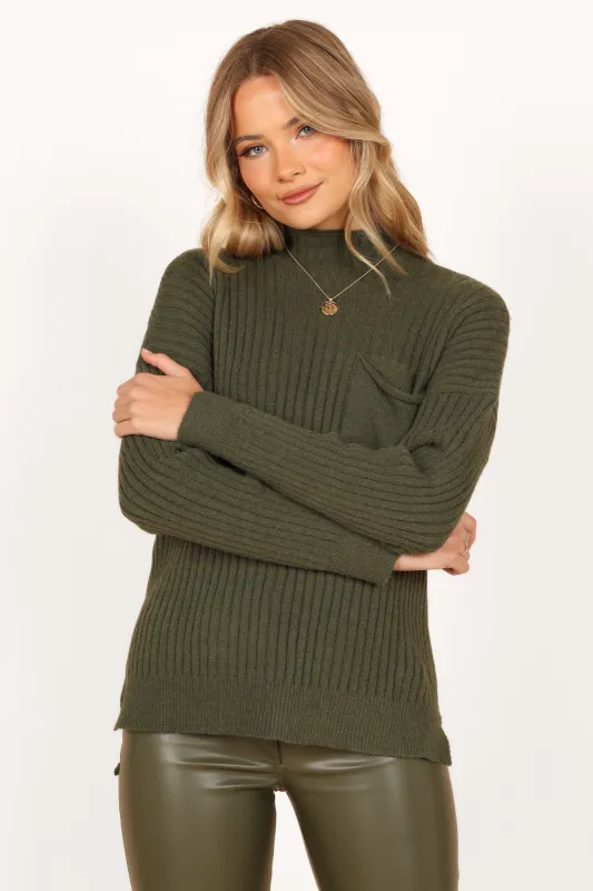 Alyssa Crewneck Oversized Pocket Knit Sweater - Olive sold by Petal & Pup