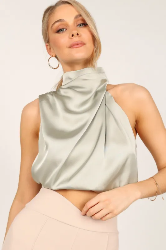 Arabella High Neck Drape Satin Top - Olive sold by Petal & Pup