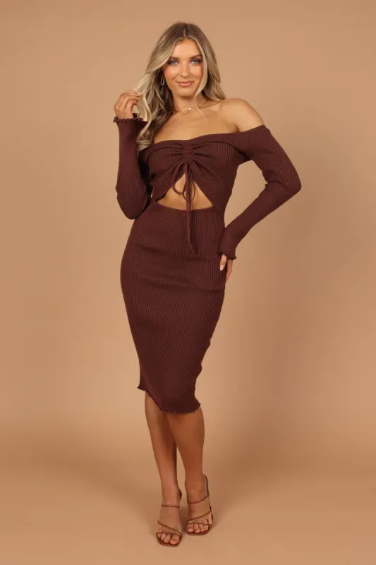 Geneva Off Shoulder Midi Dress - Chocolate Brown sold by Petal & Pup