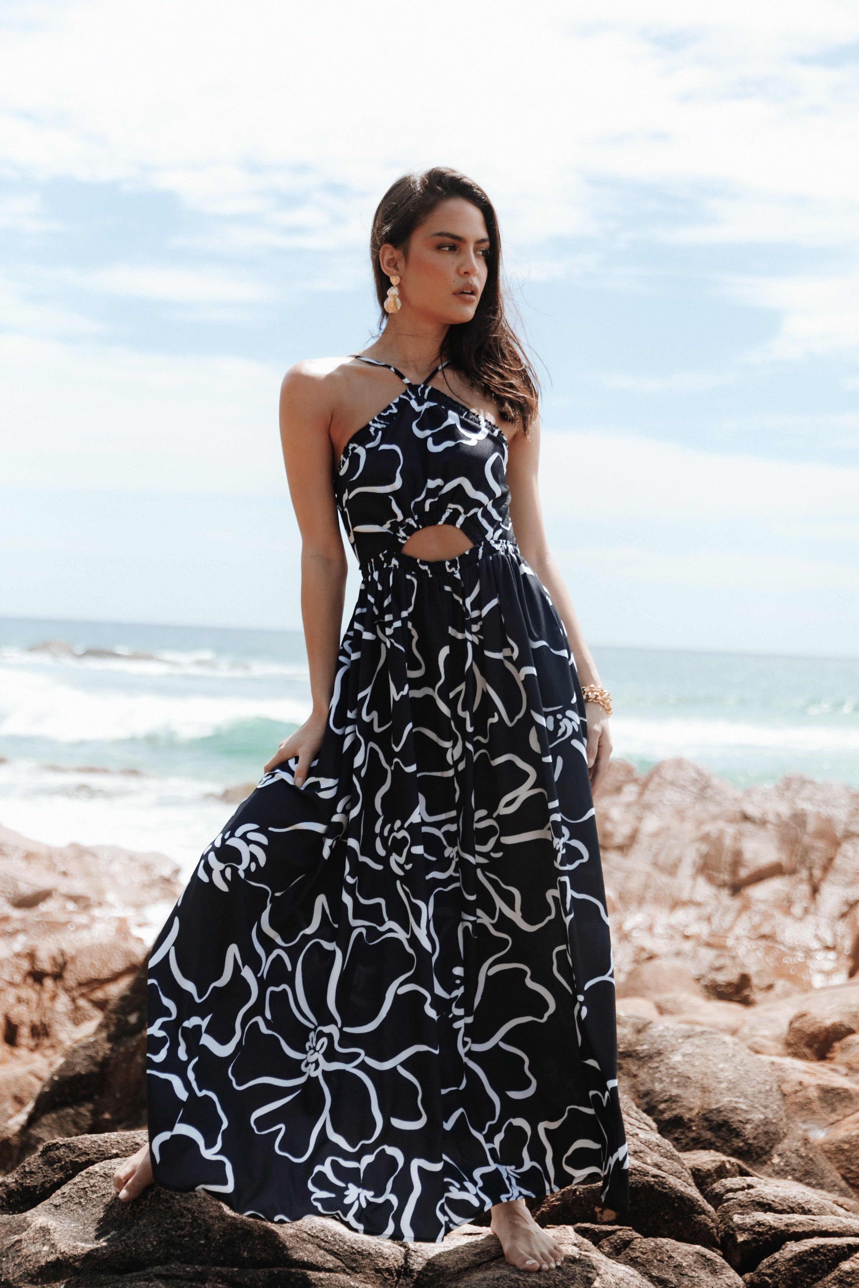 Madeira Maxi Dress - White/Black Floral sold by Petal & Pup