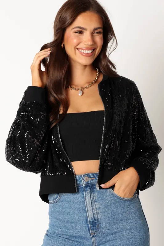 Stevie Sequin Bomber Jacket - Black sold by Petal & Pup