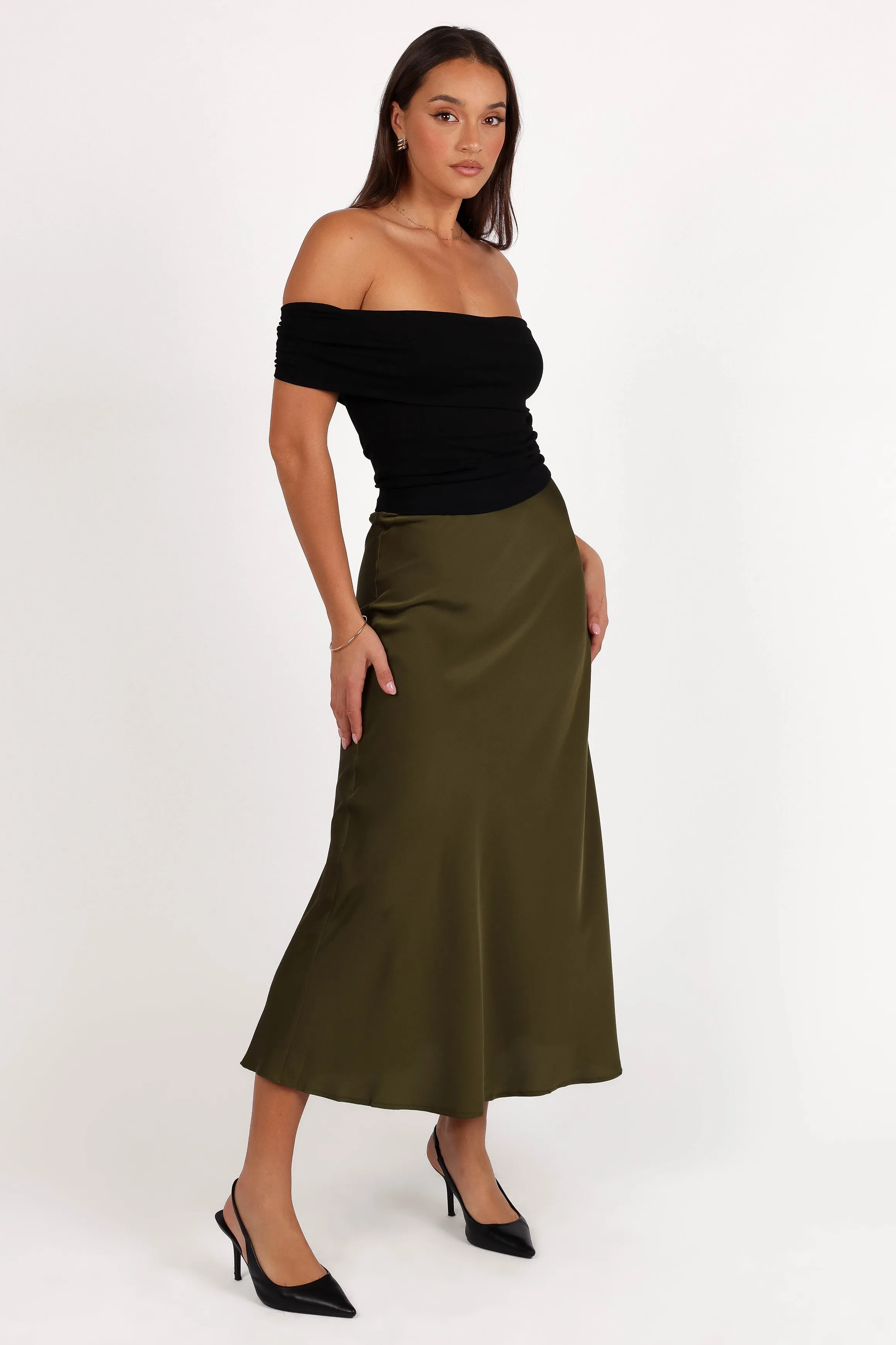 Nellie Satin Midi Skirt - Olive sold by Petal & Pup product image thumbnail 5
