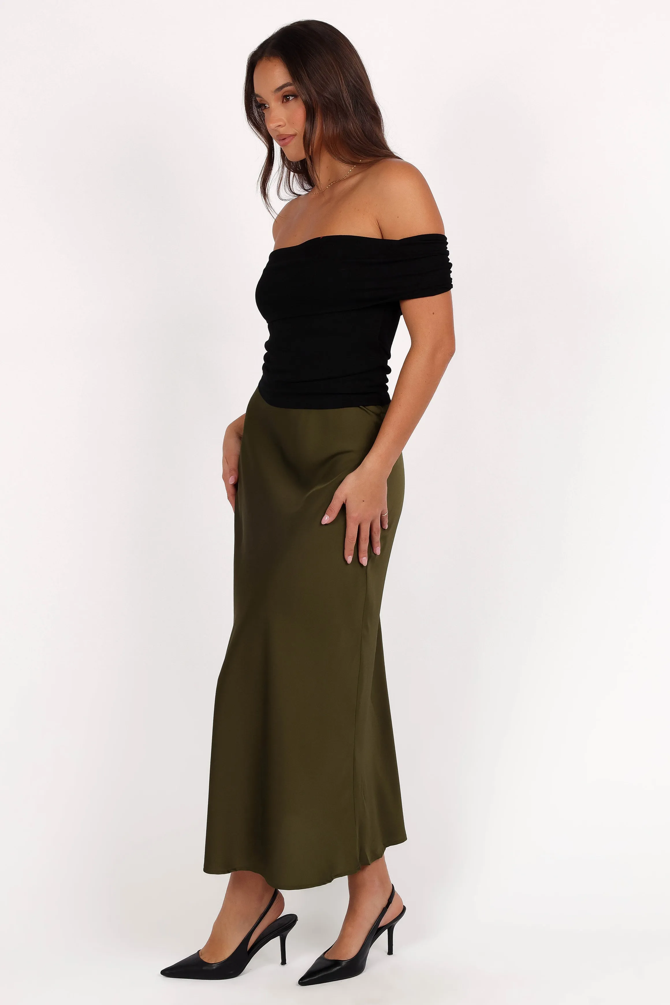 Nellie Satin Midi Skirt - Olive sold by Petal & Pup product image thumbnail 3