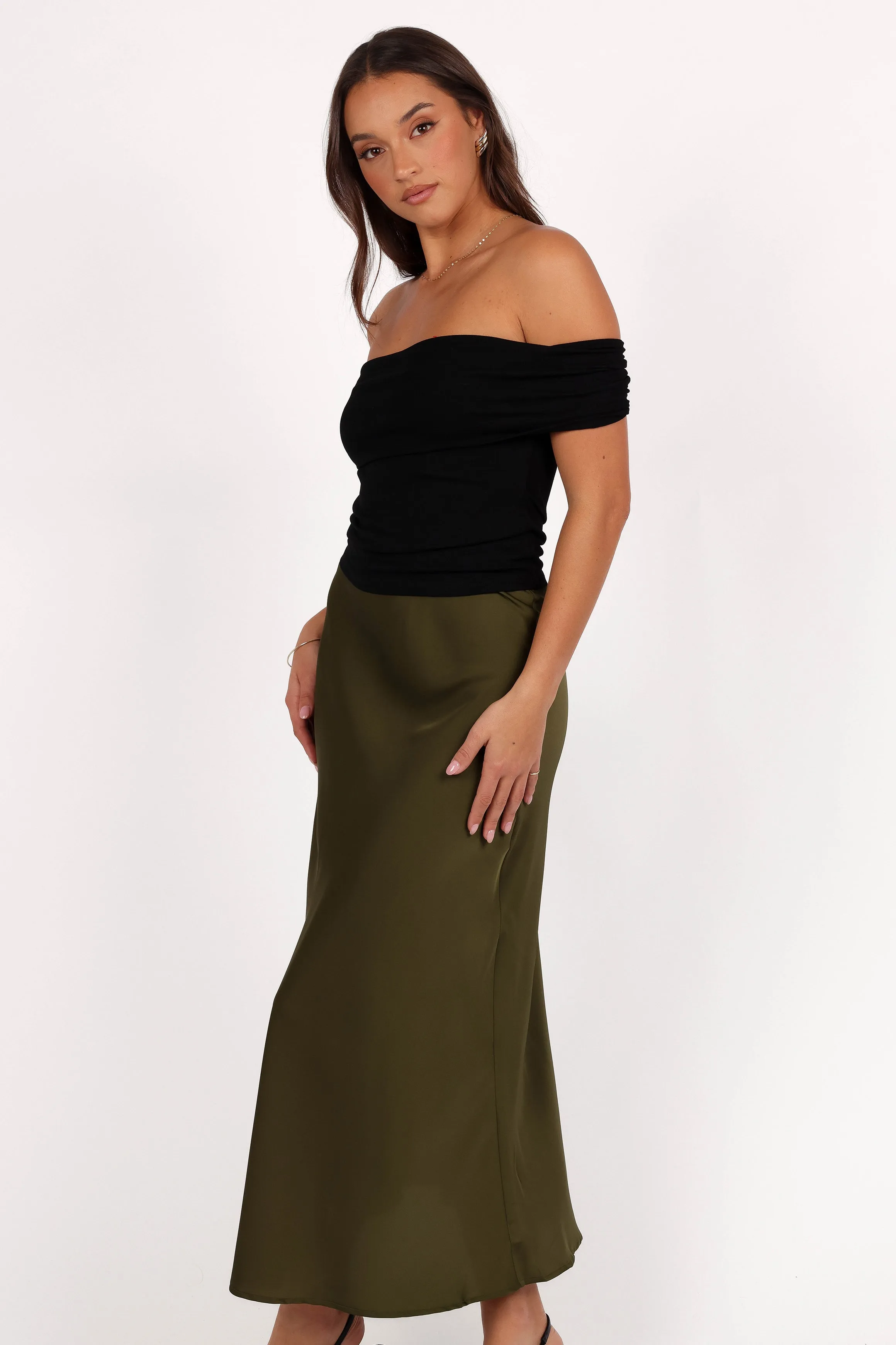 Nellie Satin Midi Skirt - Olive sold by Petal & Pup product image thumbnail 2
