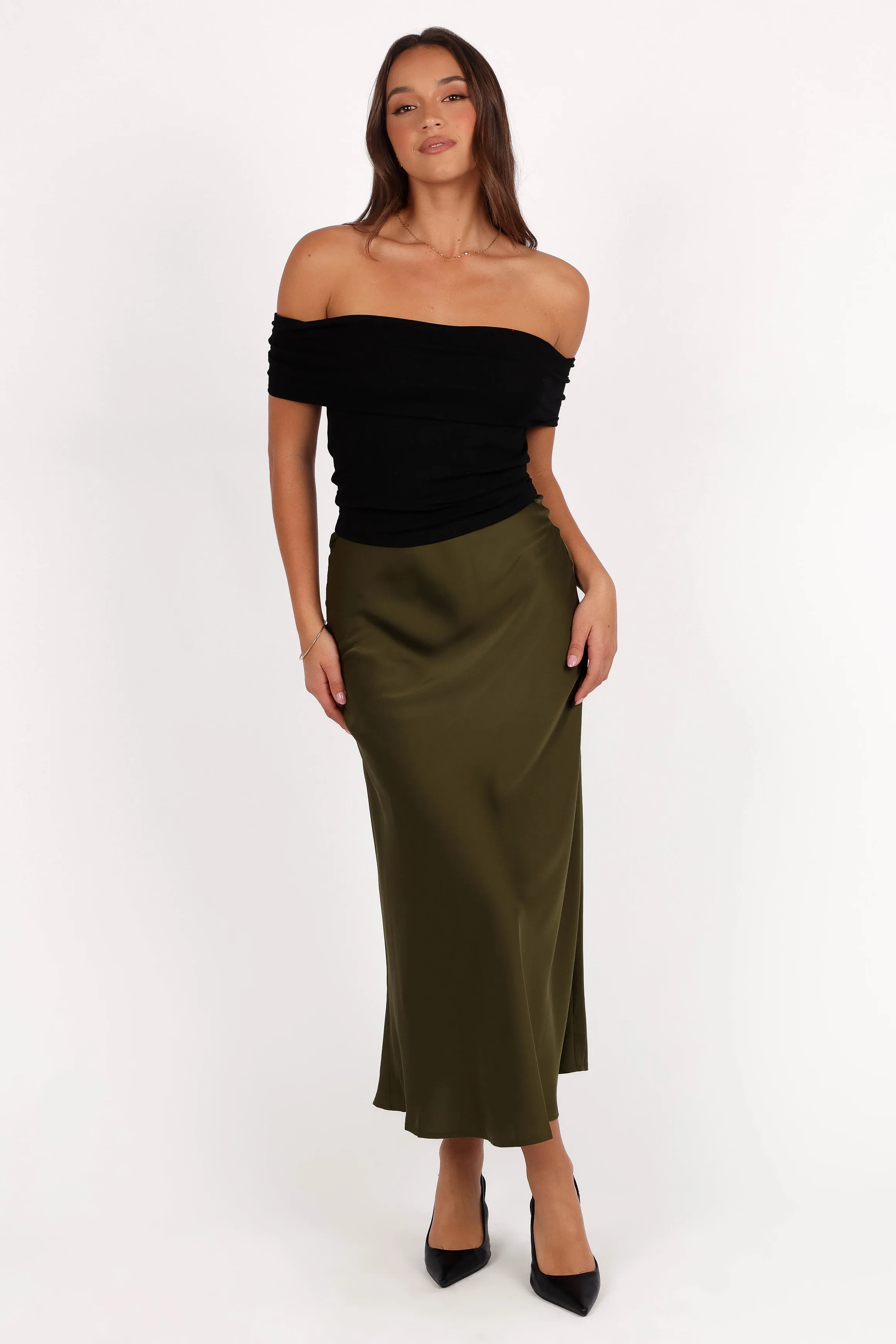 Nellie Satin Midi Skirt - Olive sold by Petal & Pup