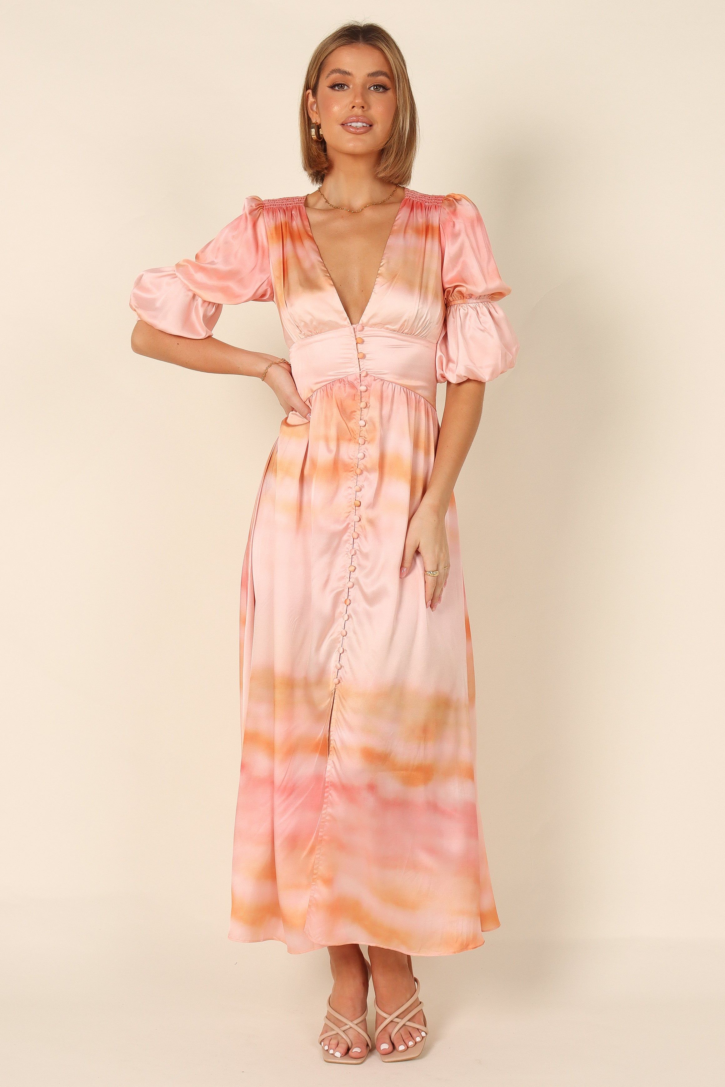 Alton Puff Sleeve Button Front Midi Dress - Pink sold by Petal & Pup product image thumbnail 6