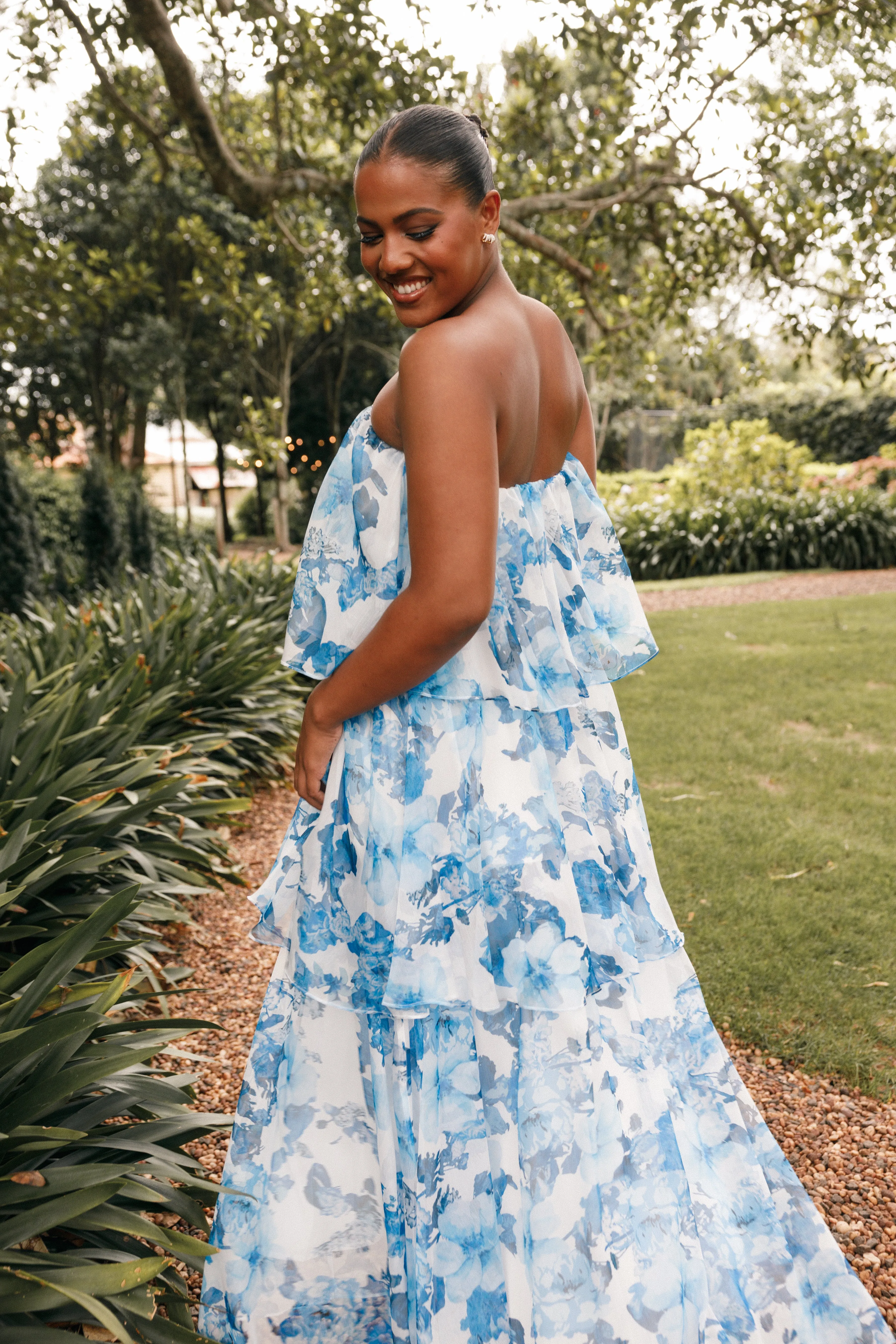 Bloom Strapless Maxi Dress - Blue White Floral sold by Petal & Pup product image thumbnail 3