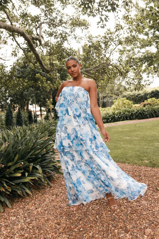 Bloom Strapless Maxi Dress - Blue White Floral sold by Petal & Pup