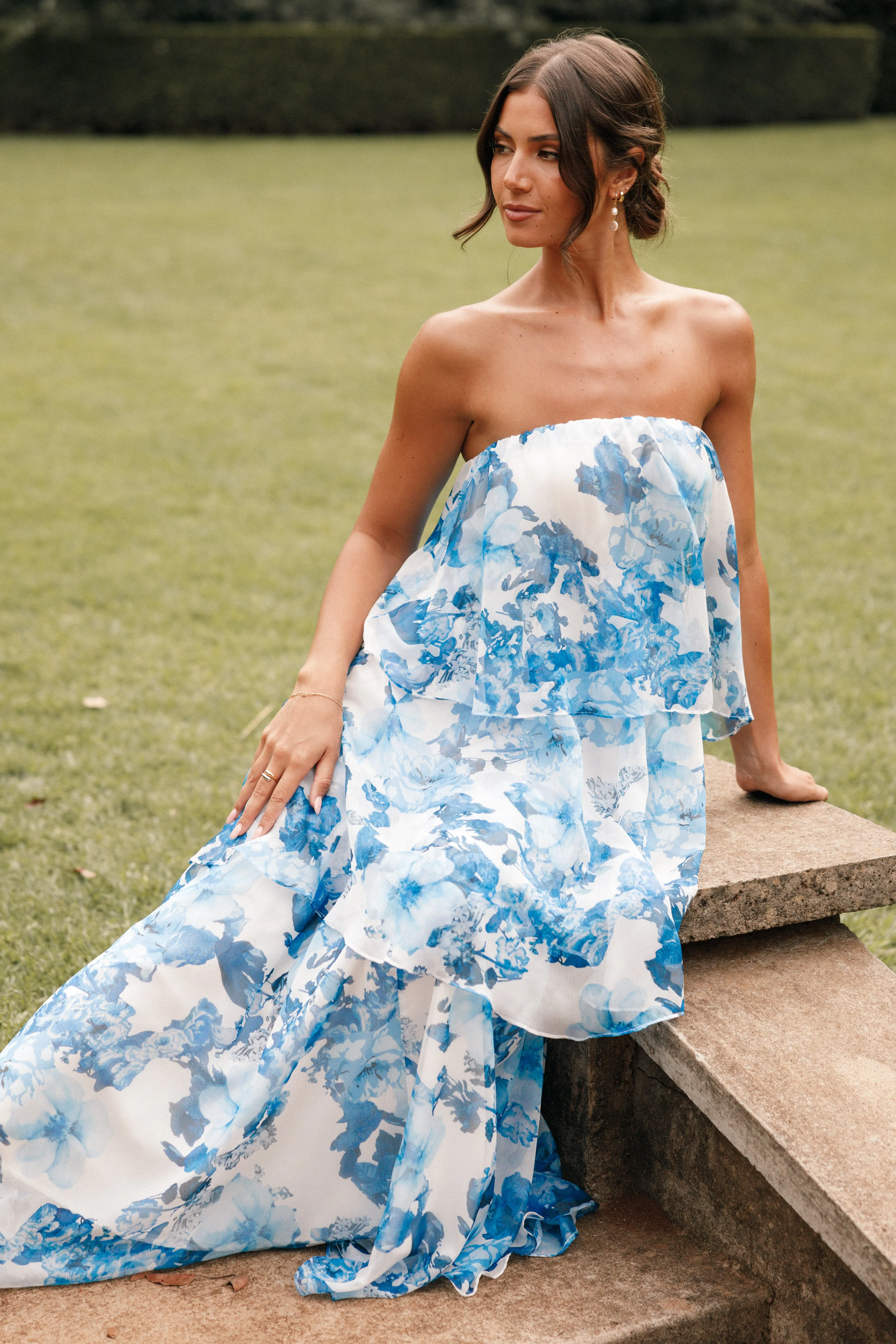 Bloom Strapless Maxi Dress - Blue White Floral sold by Petal & Pup product image thumbnail 4