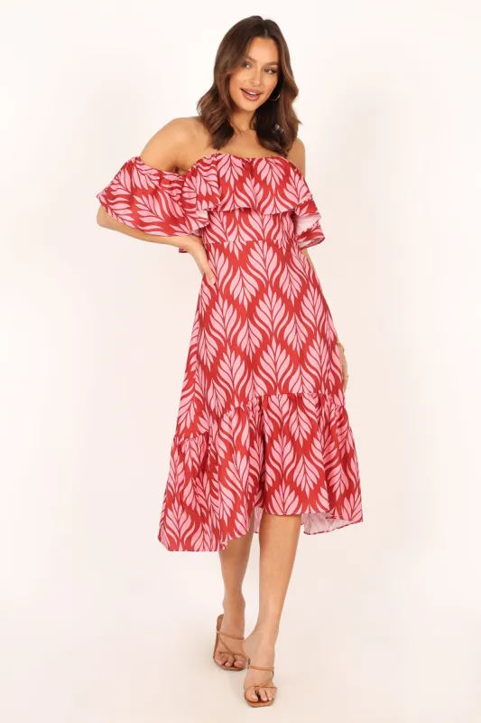 Neoma Strapless Midi Dress - Red Palm Print sold by Petal & Pup