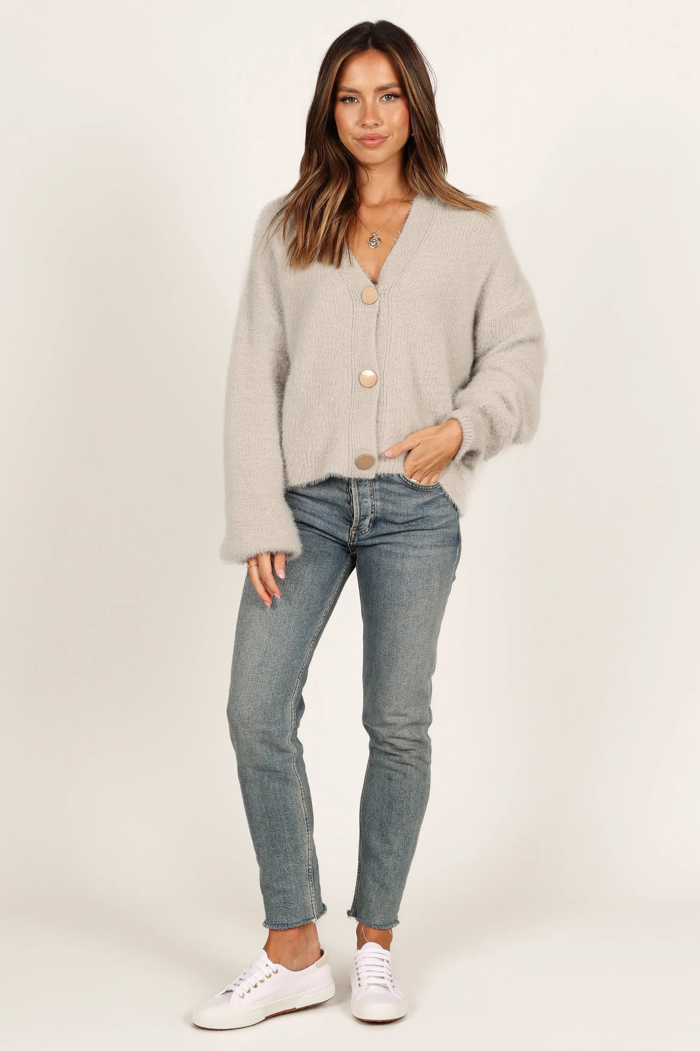Willow Fuzzy Large Button Cardigan - Light Grey sold by Petal & Pup product image thumbnail 3