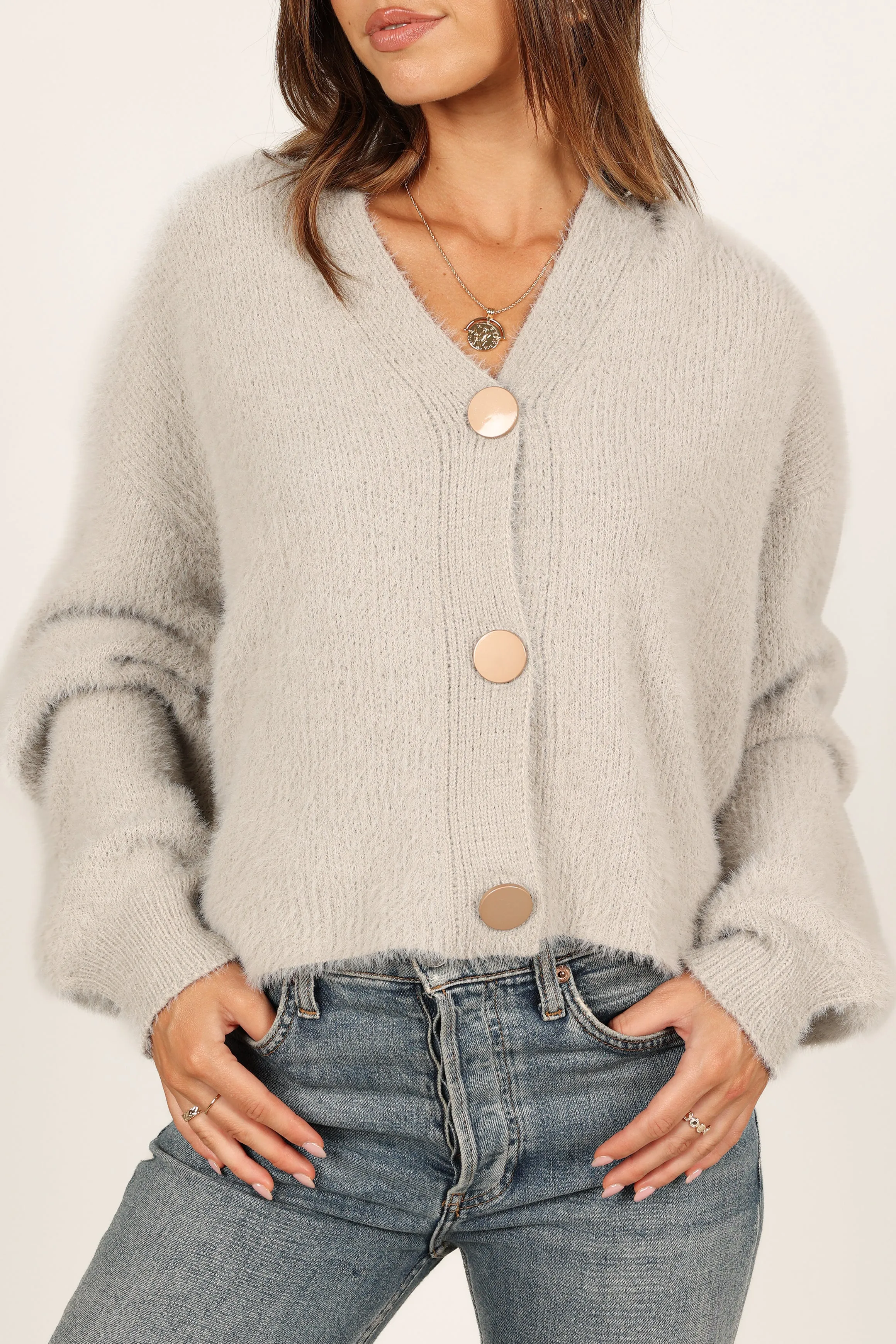 Willow Fuzzy Large Button Cardigan - Light Grey sold by Petal & Pup product image thumbnail 2