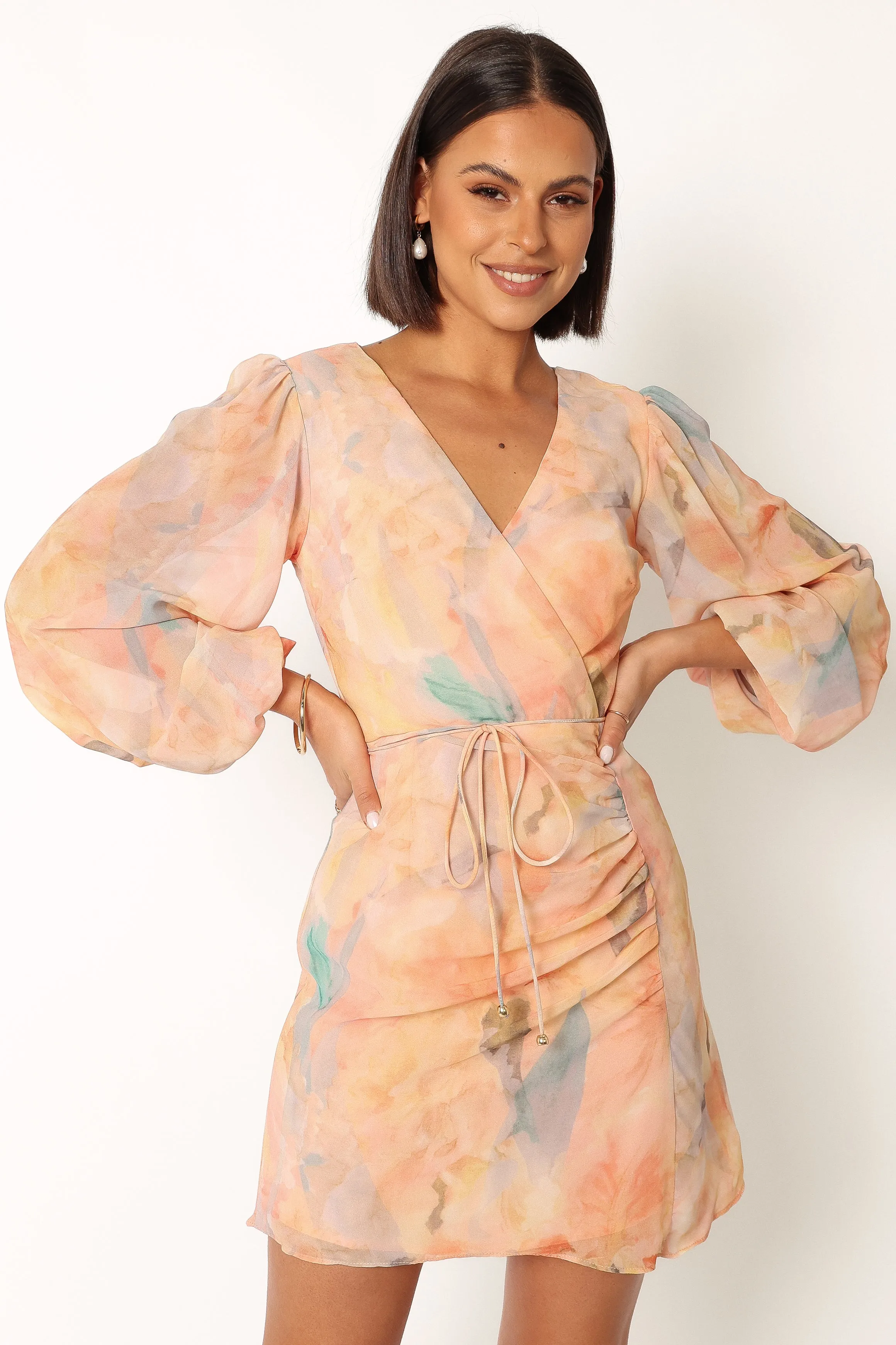 Marie Long Sleeve Mini Dress - Orange Floral sold by Petal & Pup