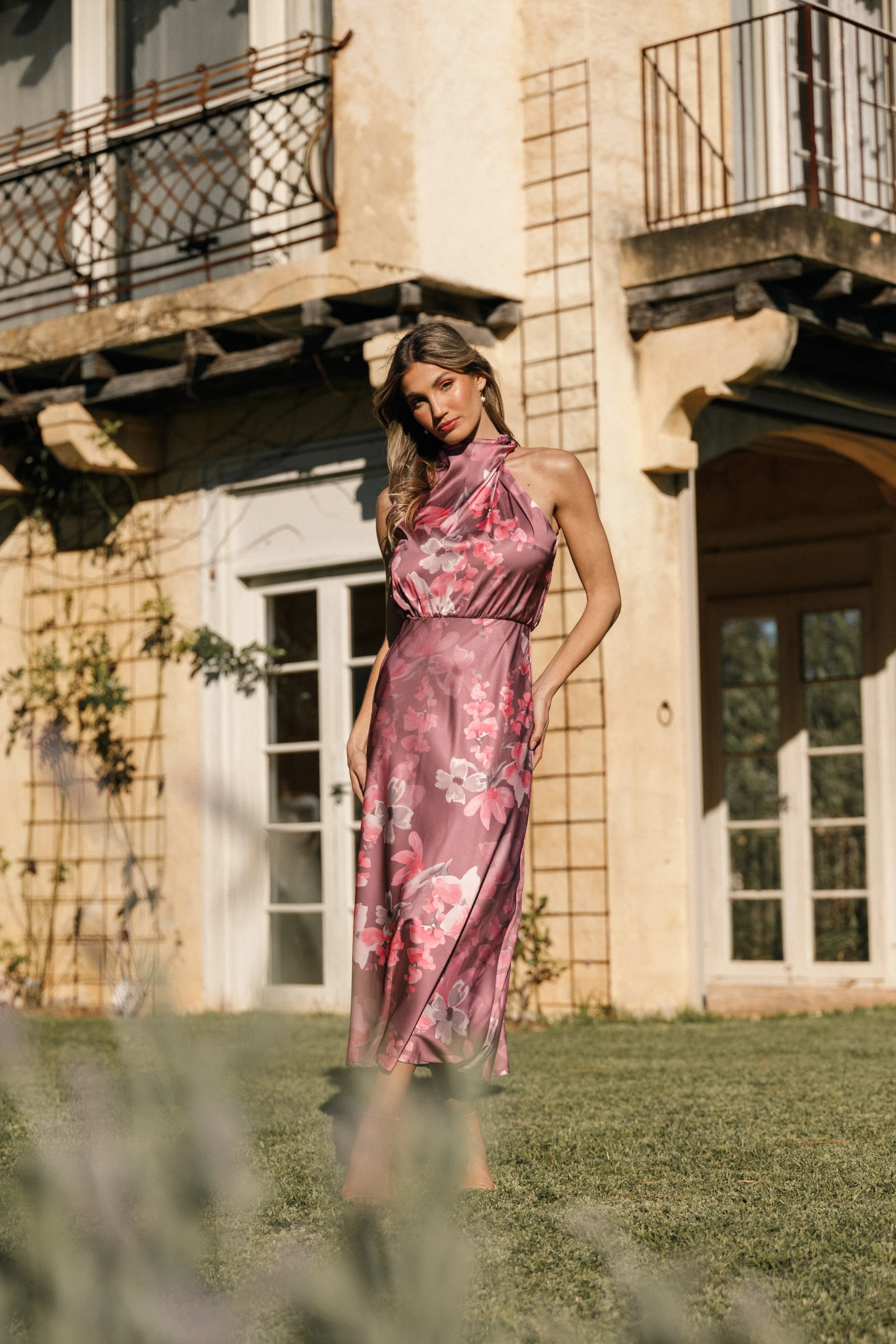 Anabelle Halter Neck Midi Dress - Dark Rose Floral sold by Petal & Pup