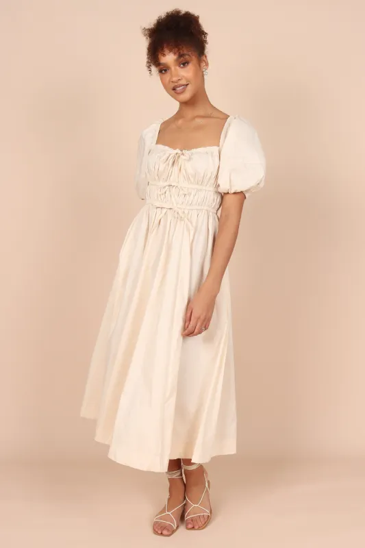 Vito Shirred Tie Up Front Midi Dress - Cream sold by Petal & Pup