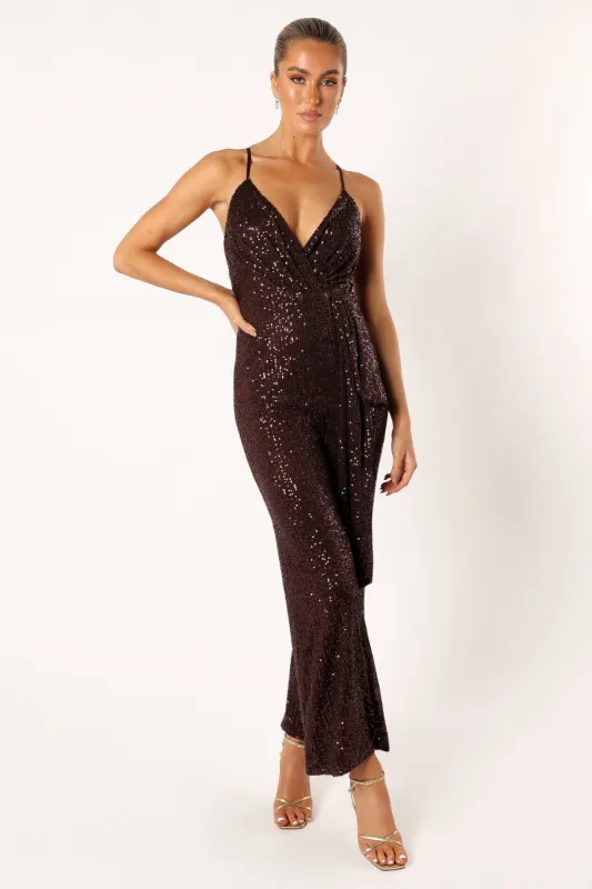 Monique Sequin Jumpsuit - Brown sold by Petal & Pup
