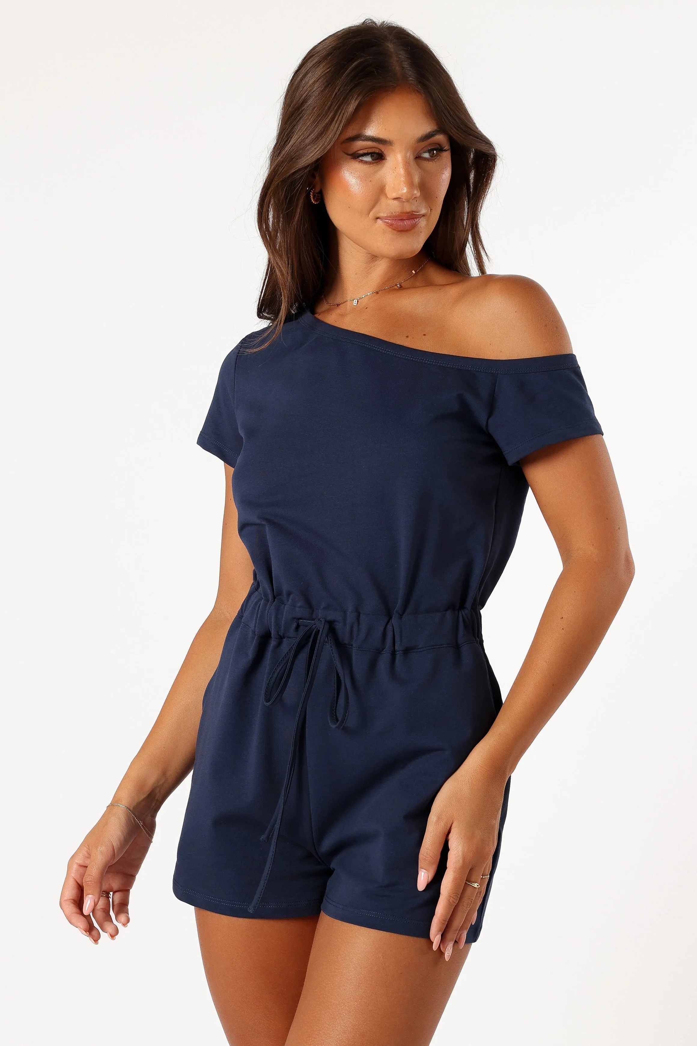 Cecilia Off Shoulder Romper - Navy sold by Petal & Pup