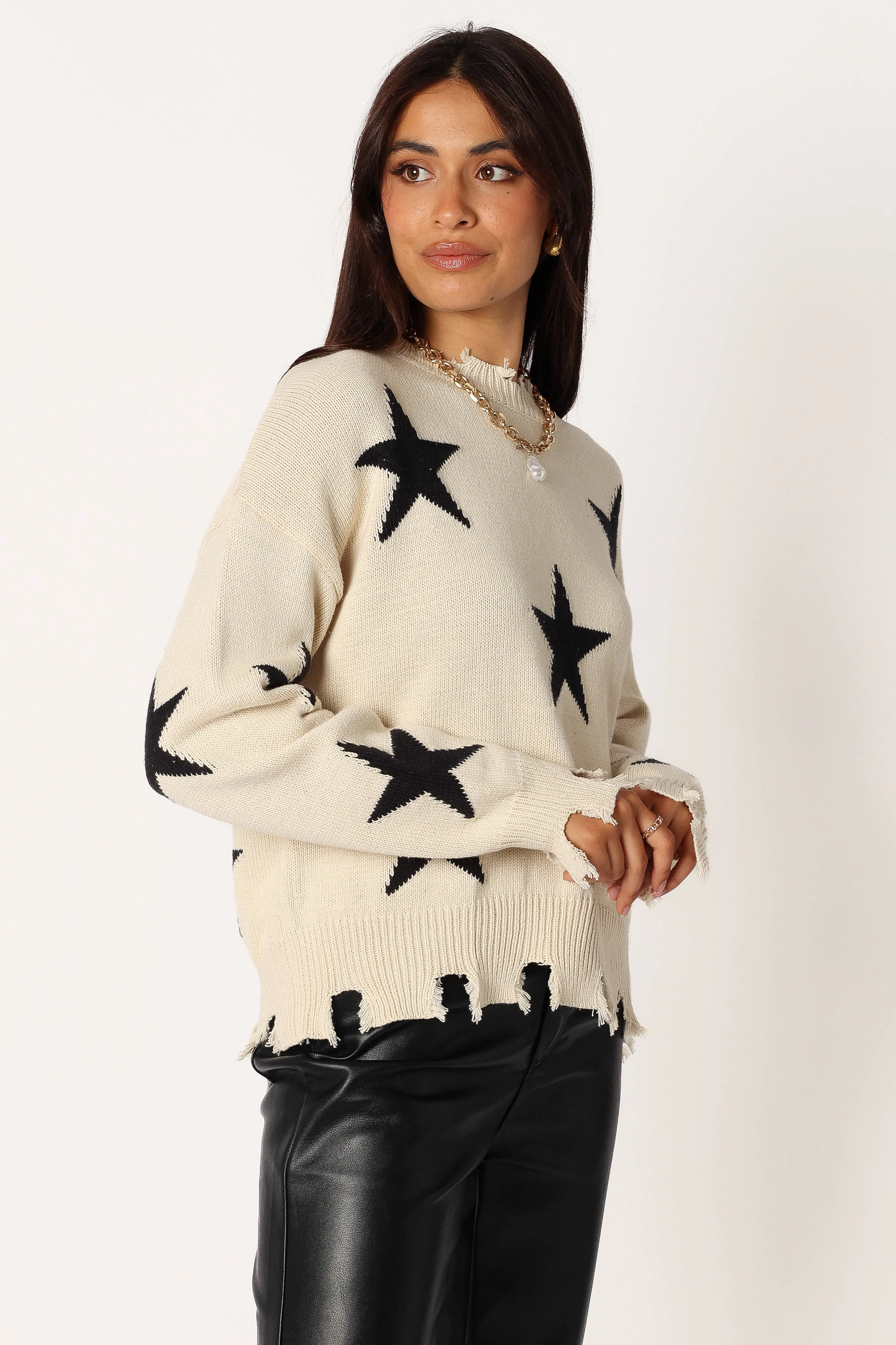 Star Printed Fray Detail Knit Sweater - Cream/Black sold by Petal & Pup product image thumbnail 5