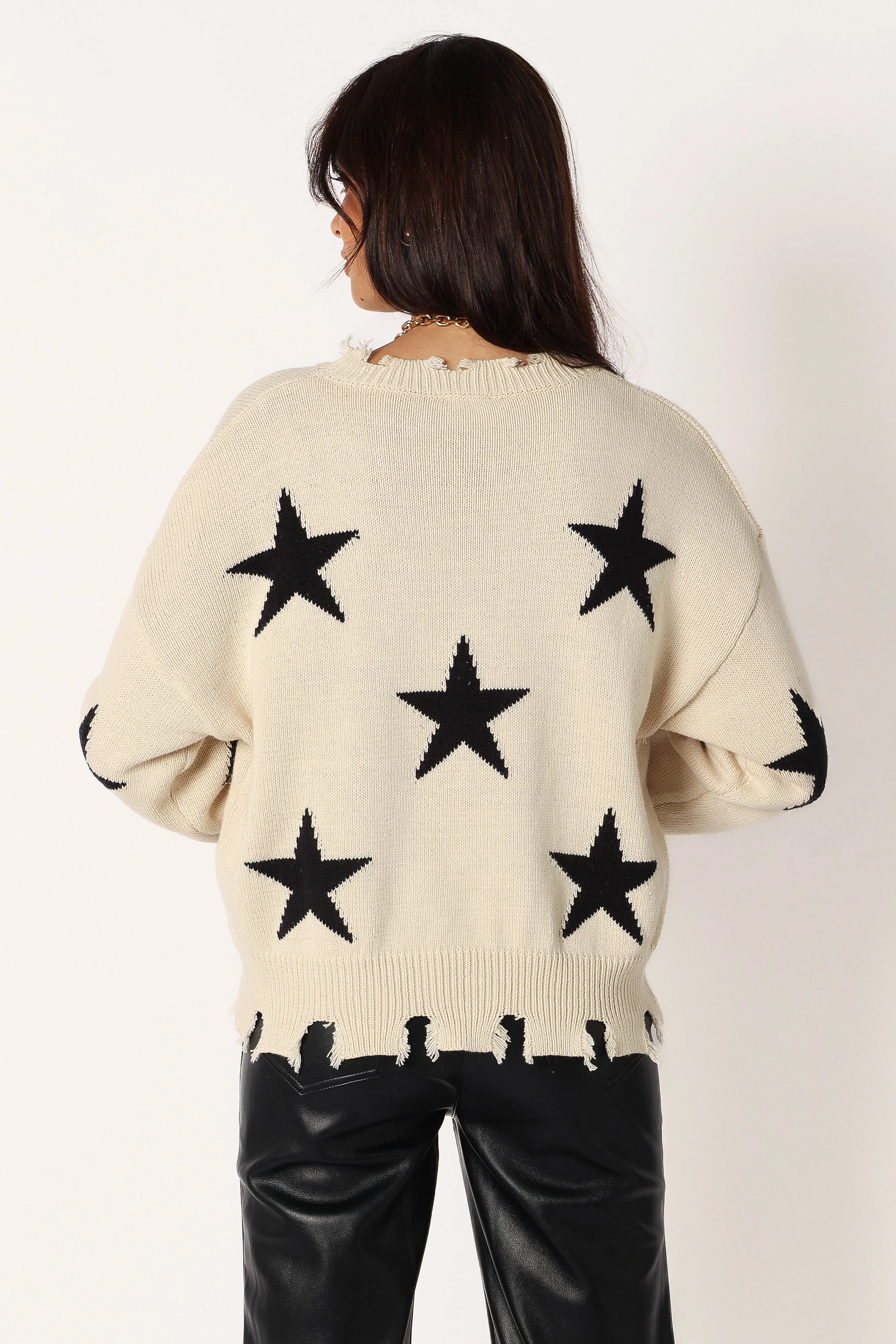 Star Printed Fray Detail Knit Sweater - Cream/Black sold by Petal & Pup product image thumbnail 4