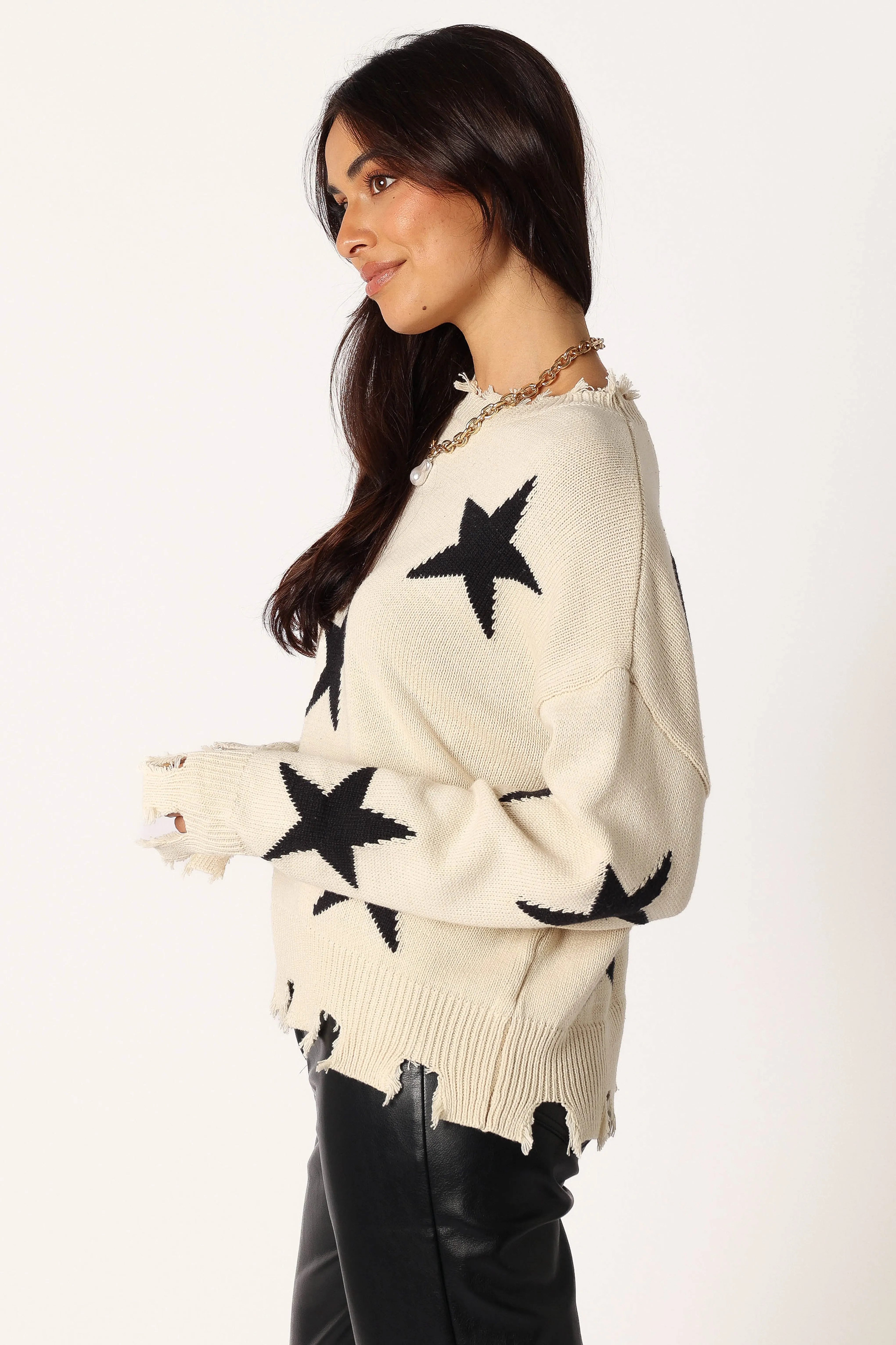 Star Printed Fray Detail Knit Sweater - Cream/Black sold by Petal & Pup product image thumbnail 3