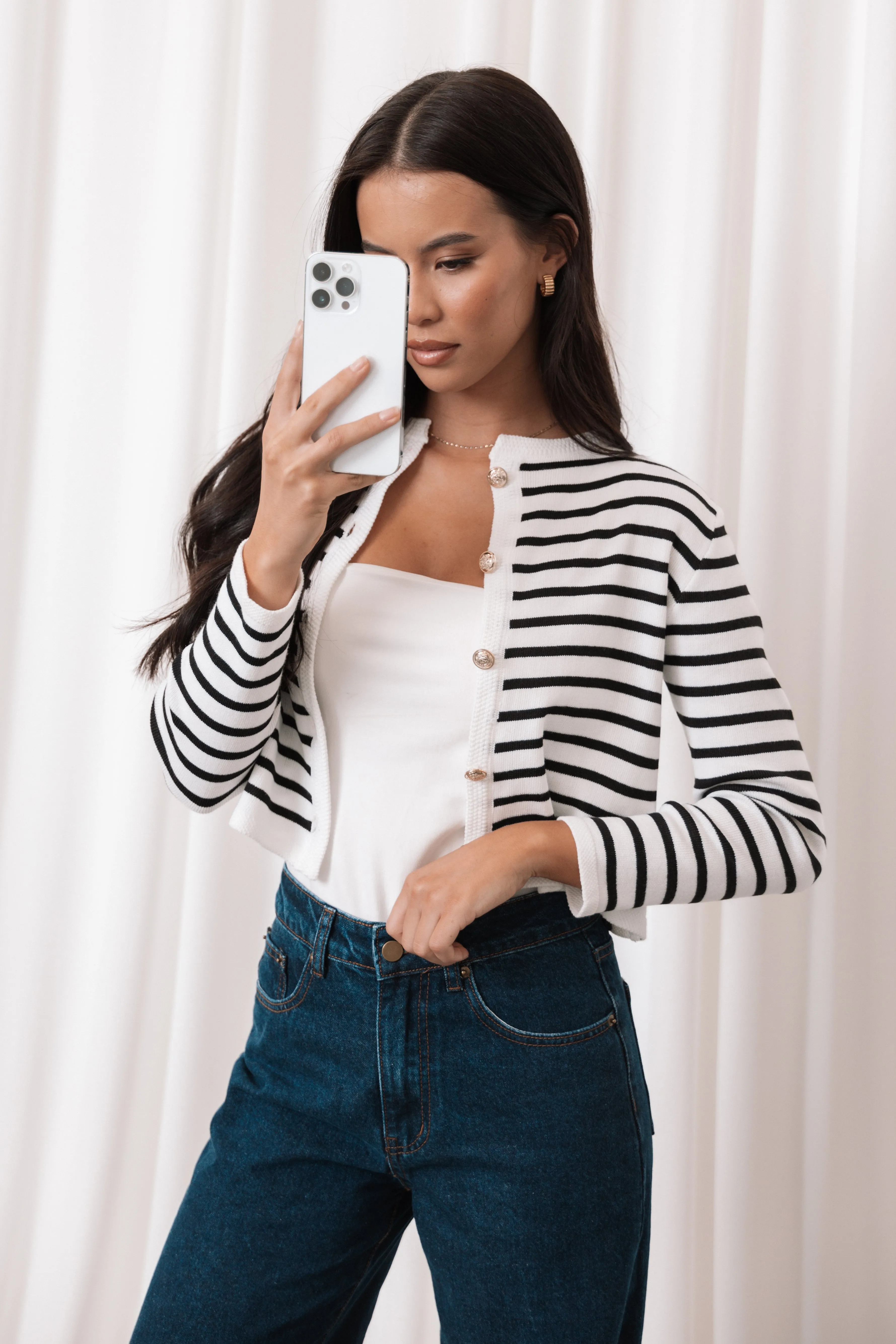 Cynthia Striped Button Front Cardigan - Black/Cream sold by Petal & Pup