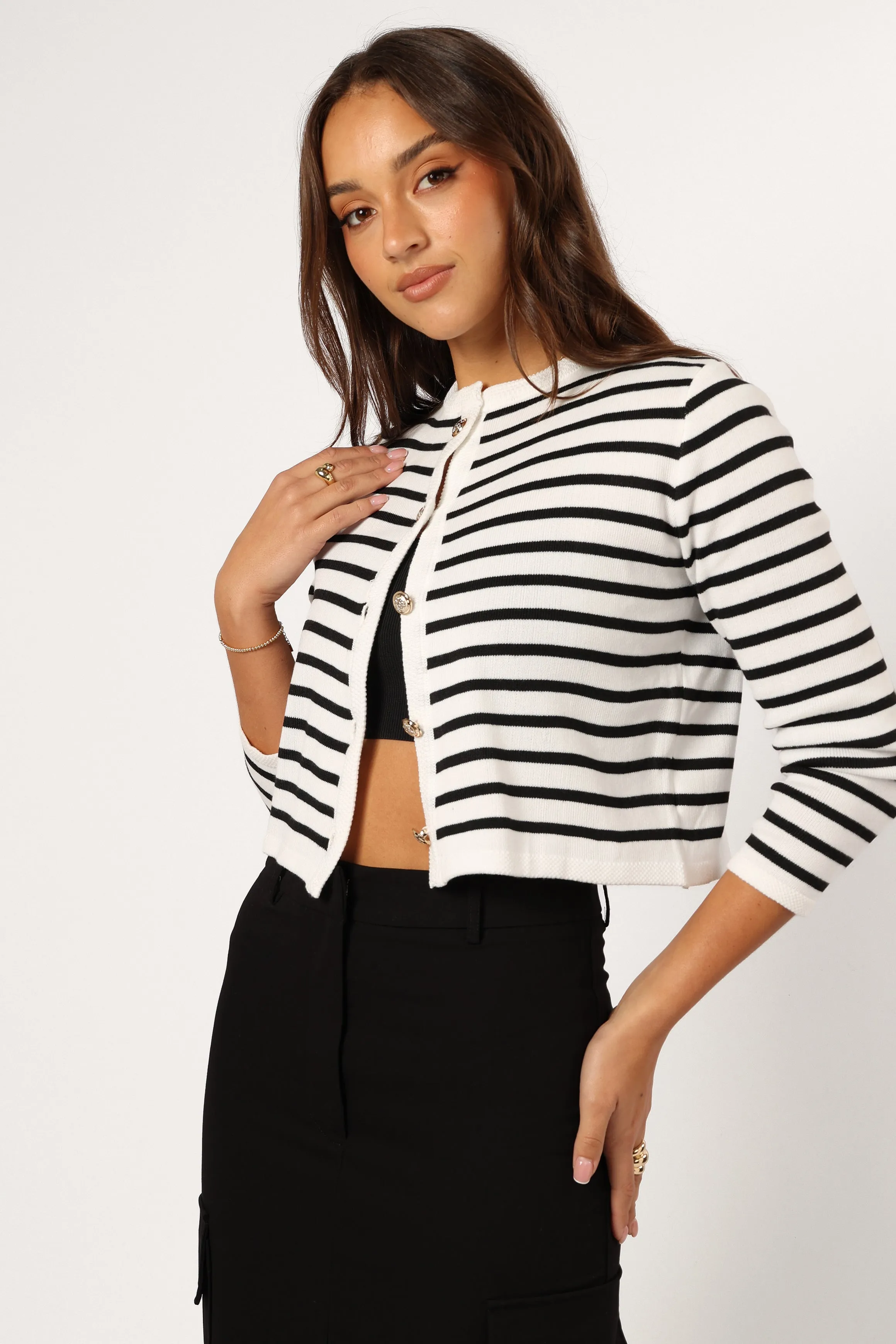 Cynthia Striped Button Front Cardigan - Black/Cream sold by Petal & Pup product image thumbnail 4