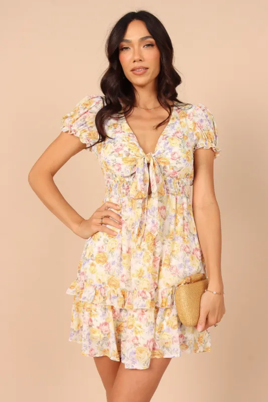 Indah Tie Front Frill Mini Dress - Yellow Floral sold by Petal & Pup