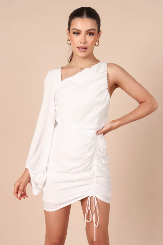 Toira One Shoulder Gathered Mini Dress - White sold by Petal & Pup