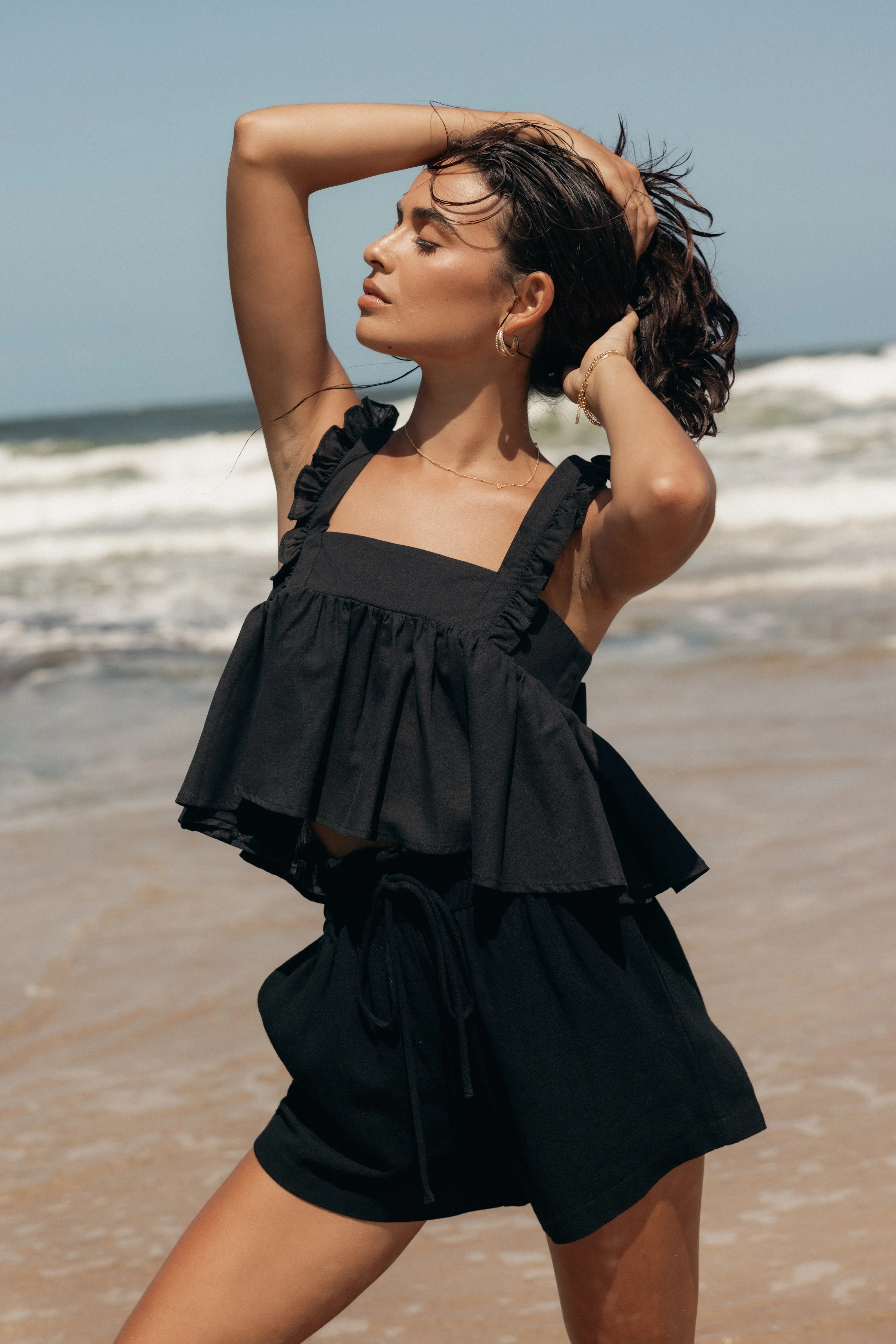 Raye Ruffle Strap Top - Black sold by Petal & Pup